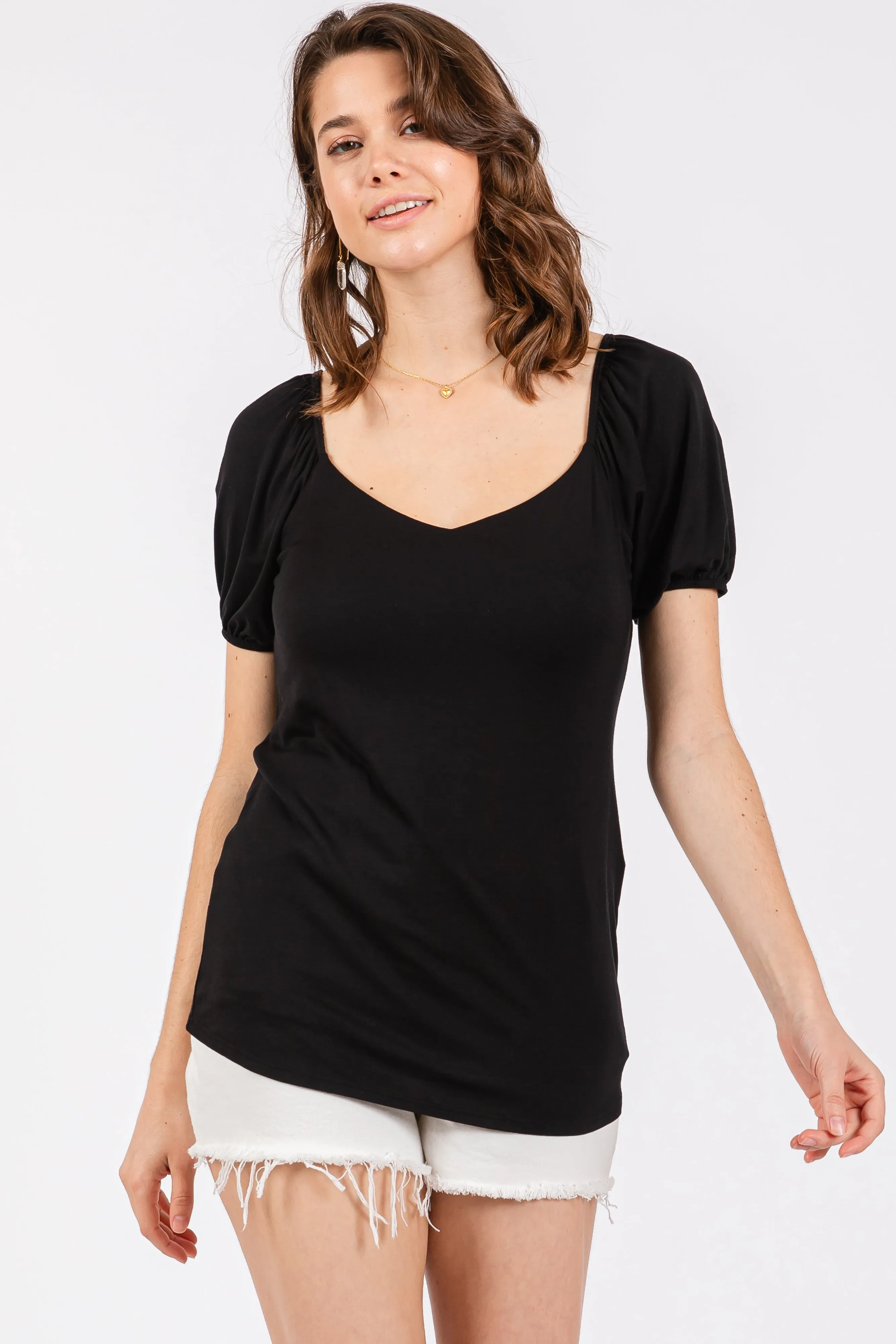 Black Short Puff Sleeve V-Neck Top sold by Pinkblush