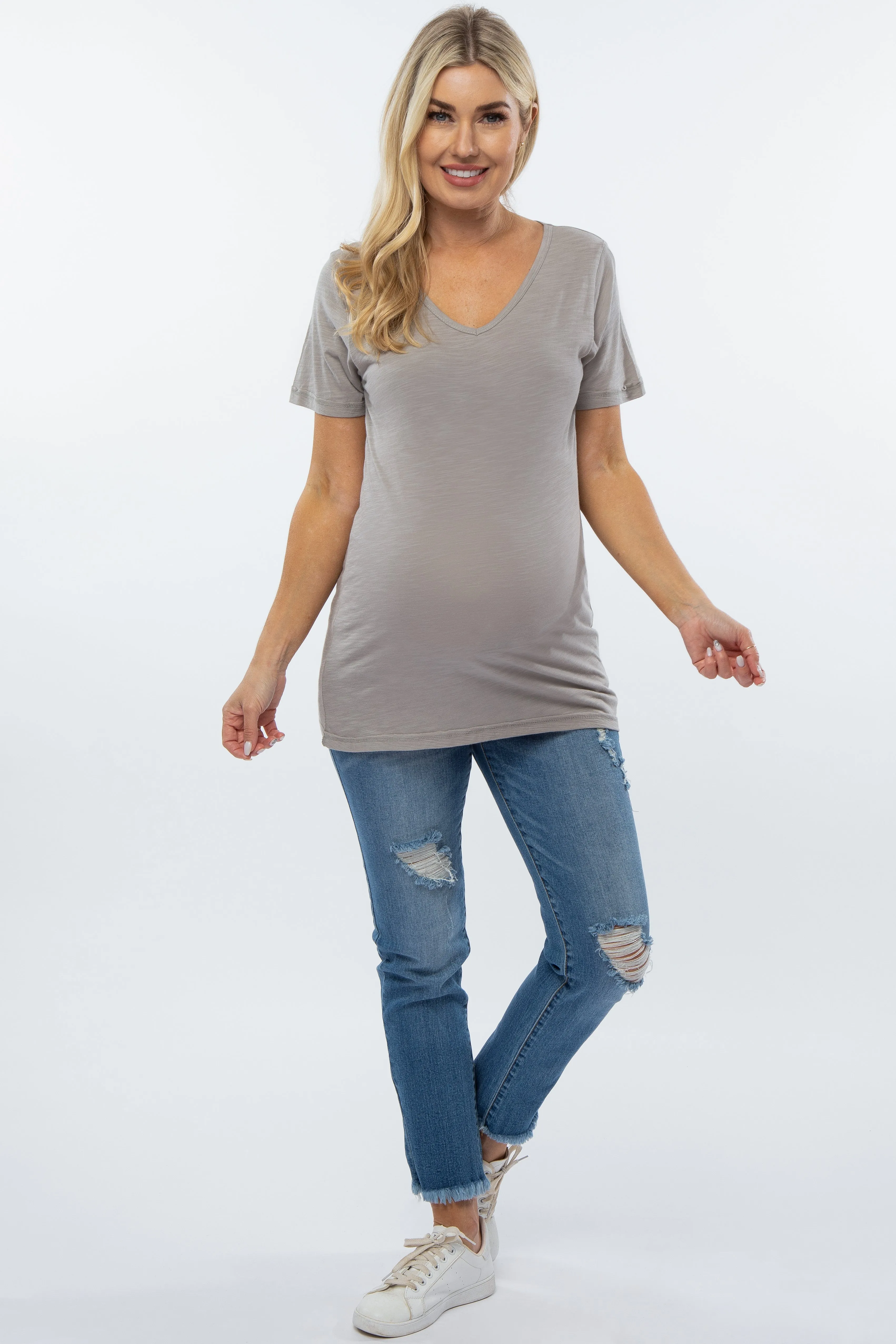 Heather Grey V-Neck Maternity T Shirt sold by Pinkblush product image thumbnail 4