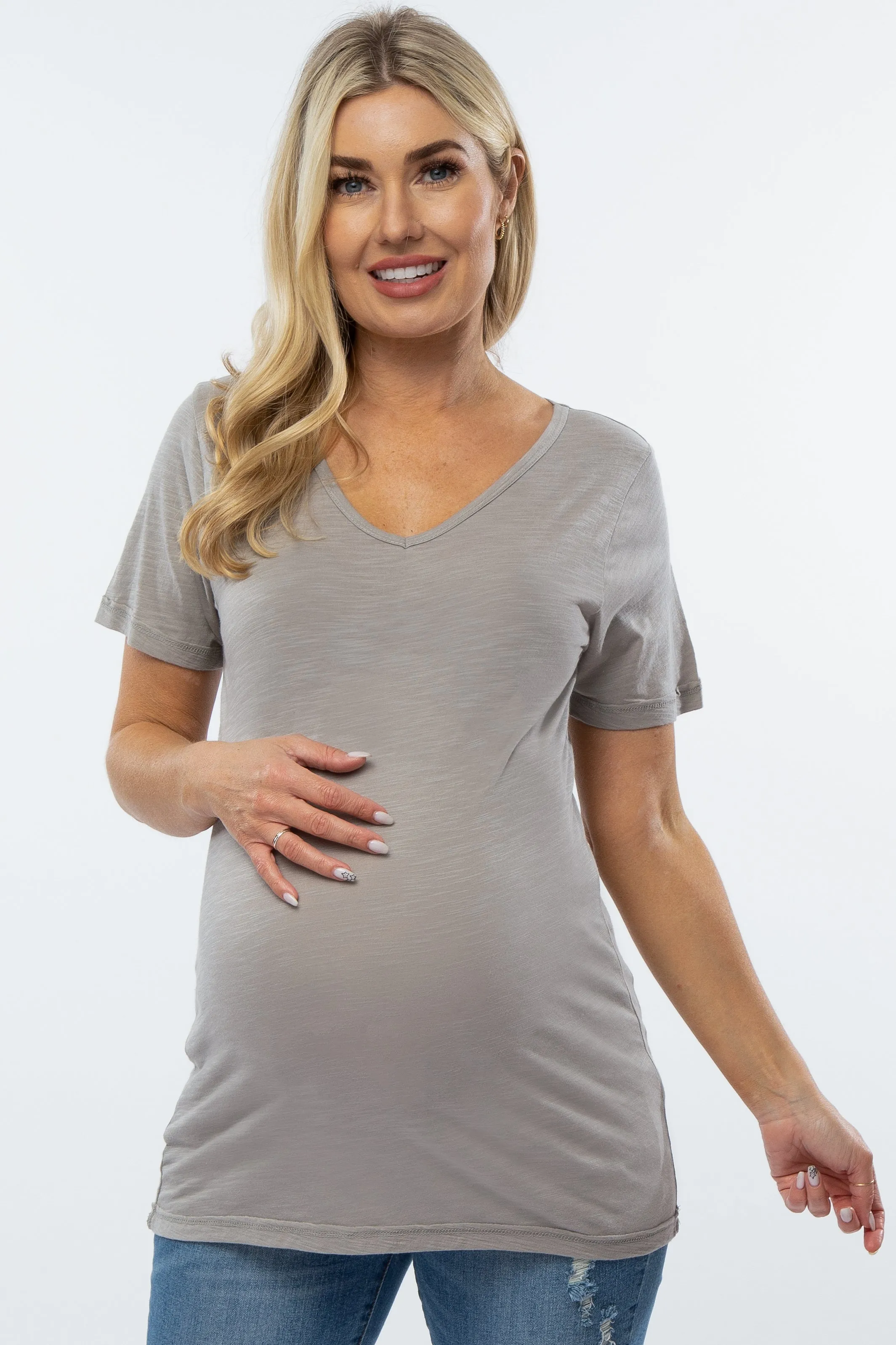 Heather Grey V-Neck Maternity T Shirt sold by Pinkblush