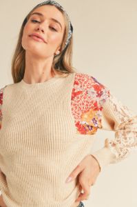 Ivory Multi Floral Mixed Media Knit Top sold by Pinkblush