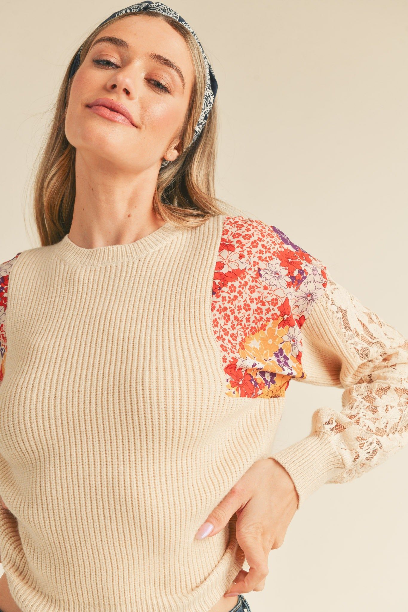 Ivory Multi Floral Mixed Media Knit Top sold by Pinkblush product image thumbnail 3