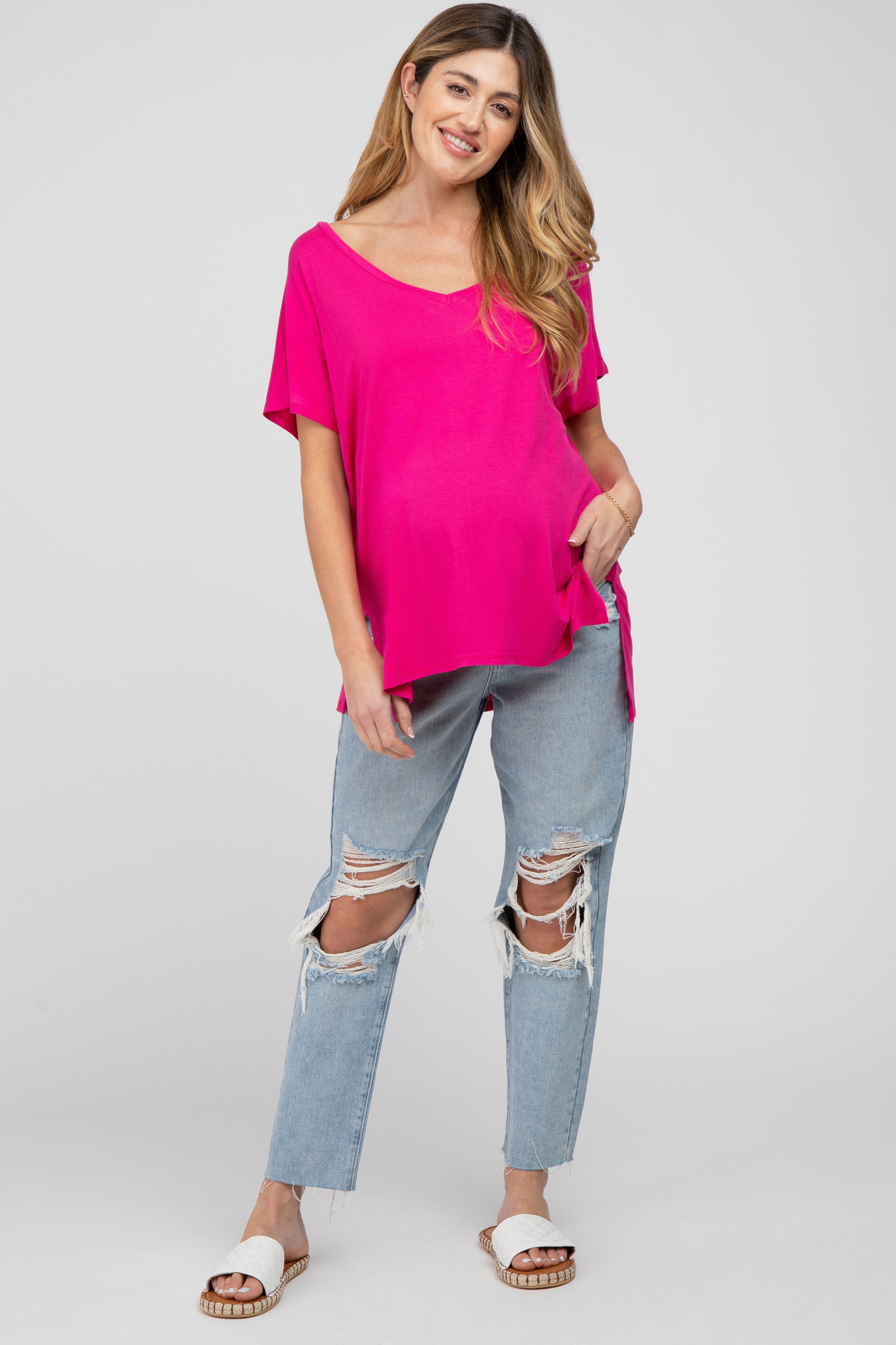 Fuchsia V-Neck Oversized Maternity Short Sleeve Top sold by Pinkblush product image thumbnail 4