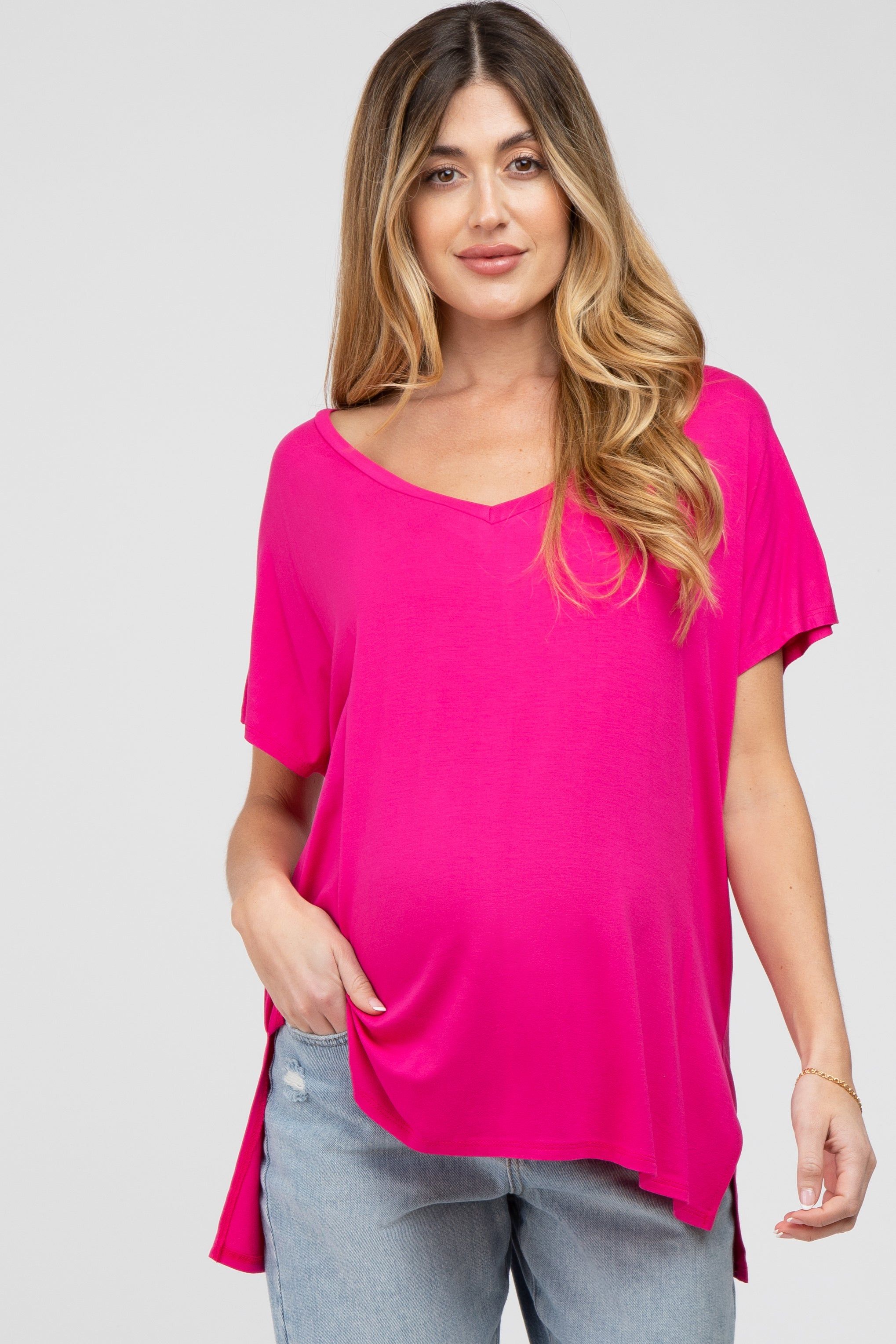 Fuchsia V-Neck Oversized Maternity Short Sleeve Top sold by Pinkblush