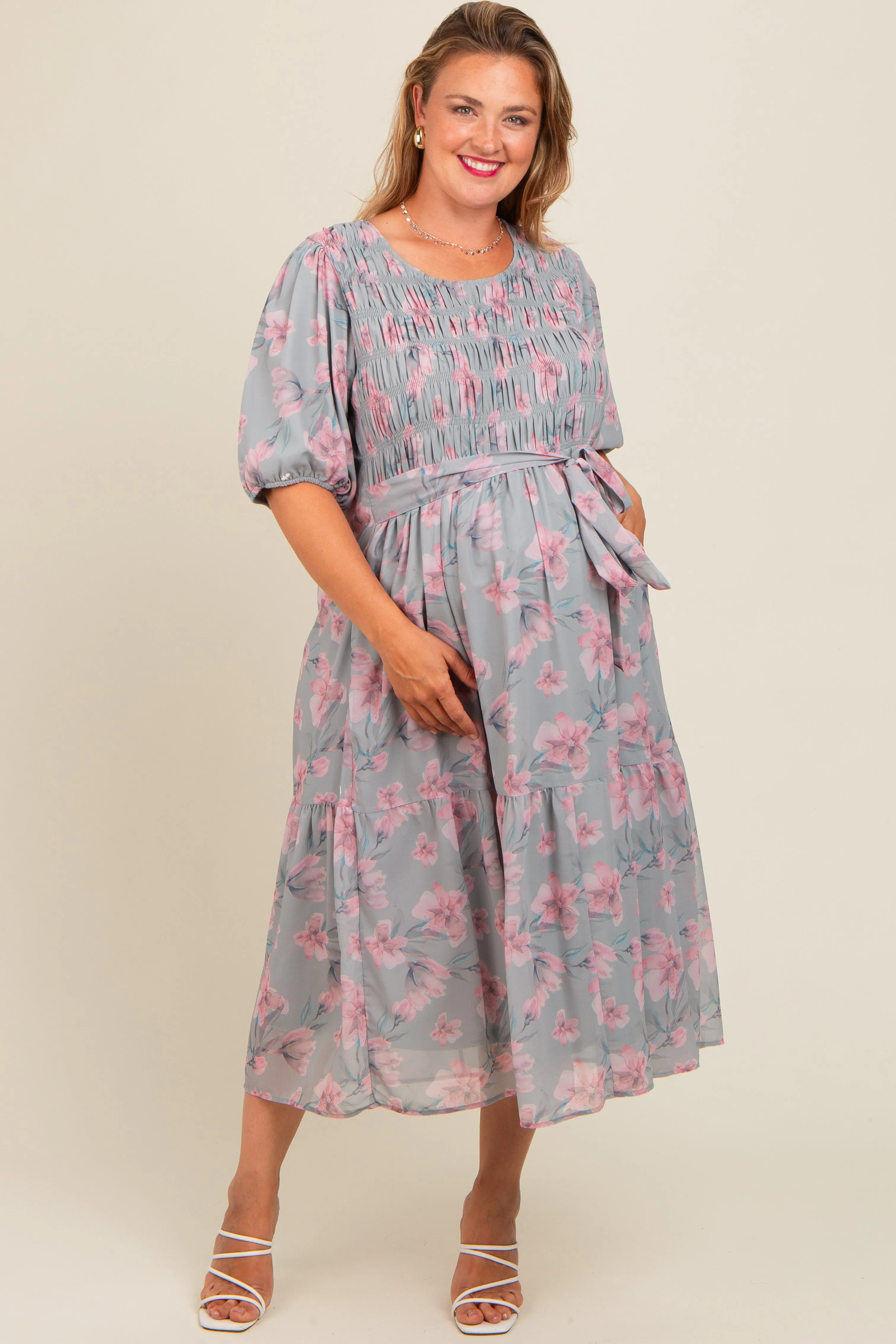 Mint Green Floral Chiffon Smocked Maternity Plus Midi Dress sold by Pinkblush