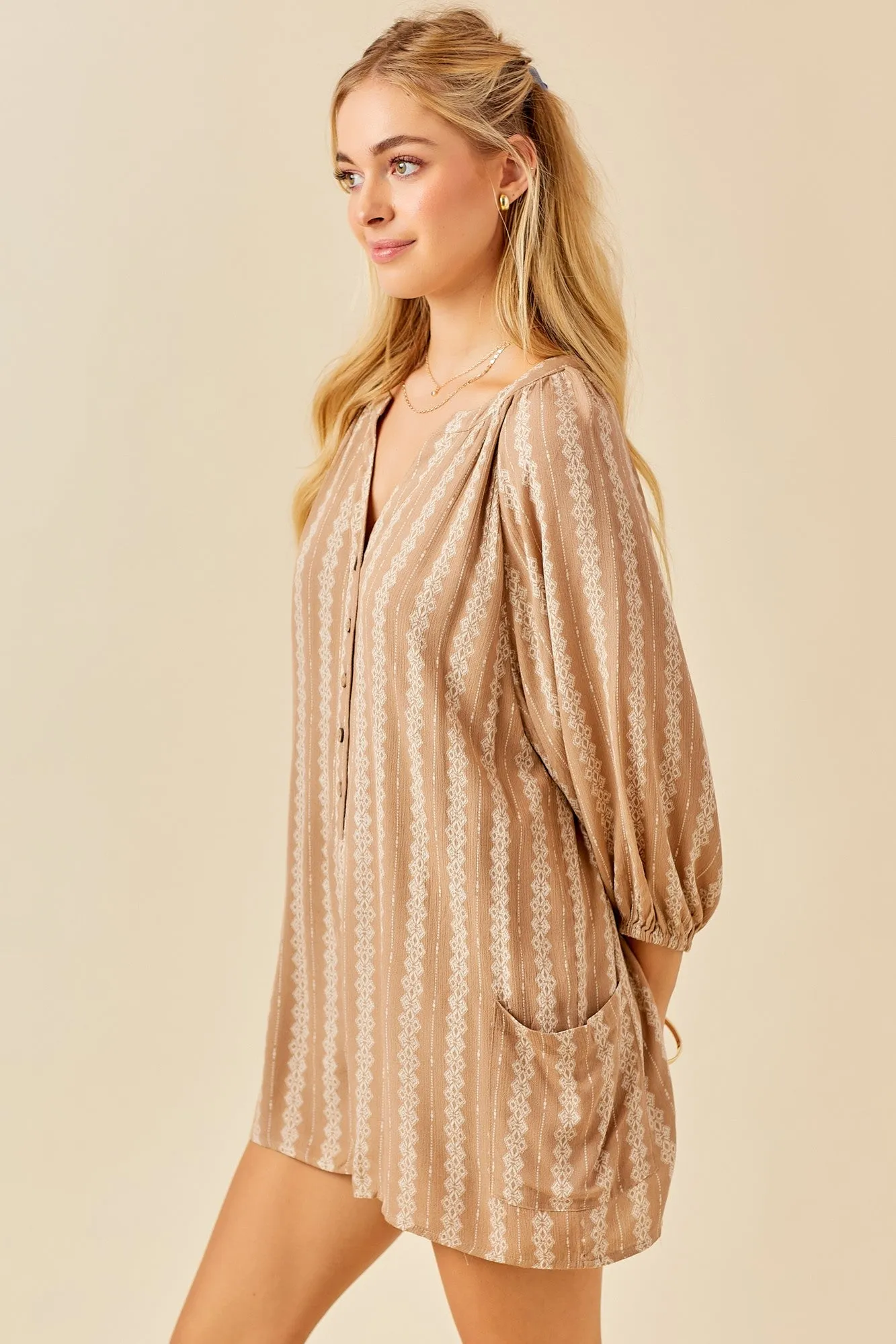 Light Mocha Printed Front Button Romper sold by Pinkblush product image thumbnail 2