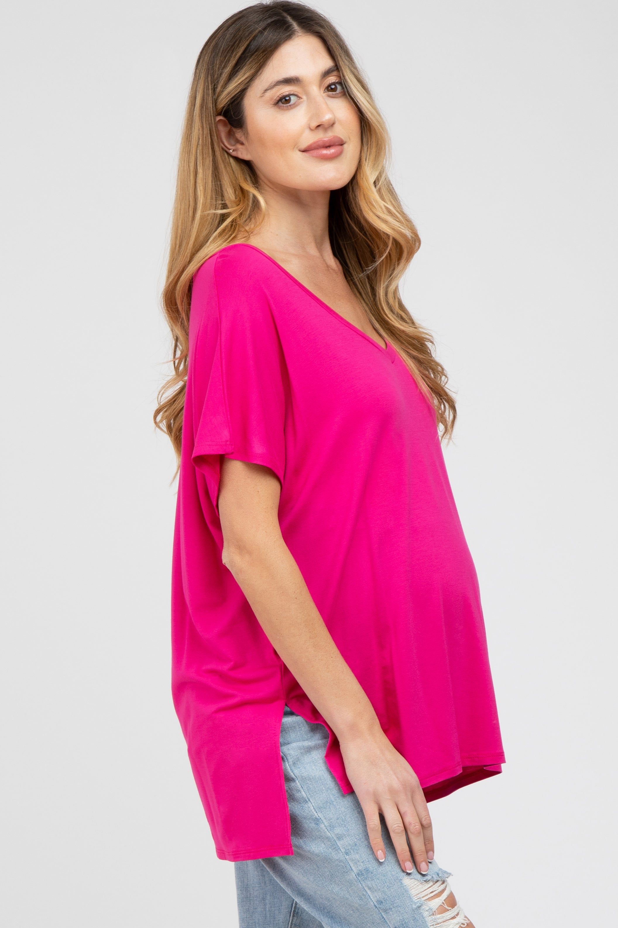 Fuchsia V-Neck Oversized Maternity Short Sleeve Top sold by Pinkblush product image thumbnail 2