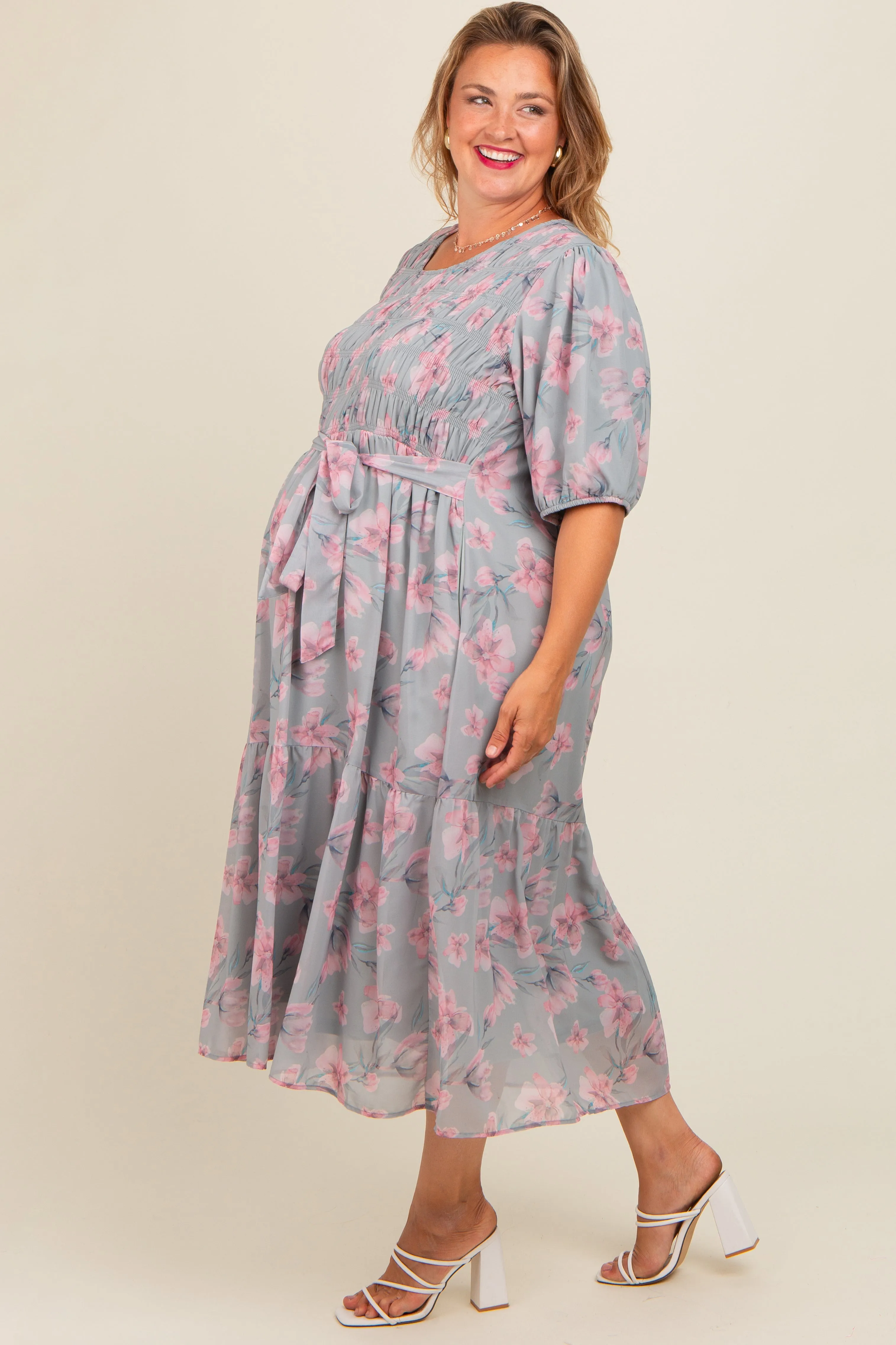 Mint Green Floral Chiffon Smocked Maternity Plus Midi Dress sold by Pinkblush product image thumbnail 2