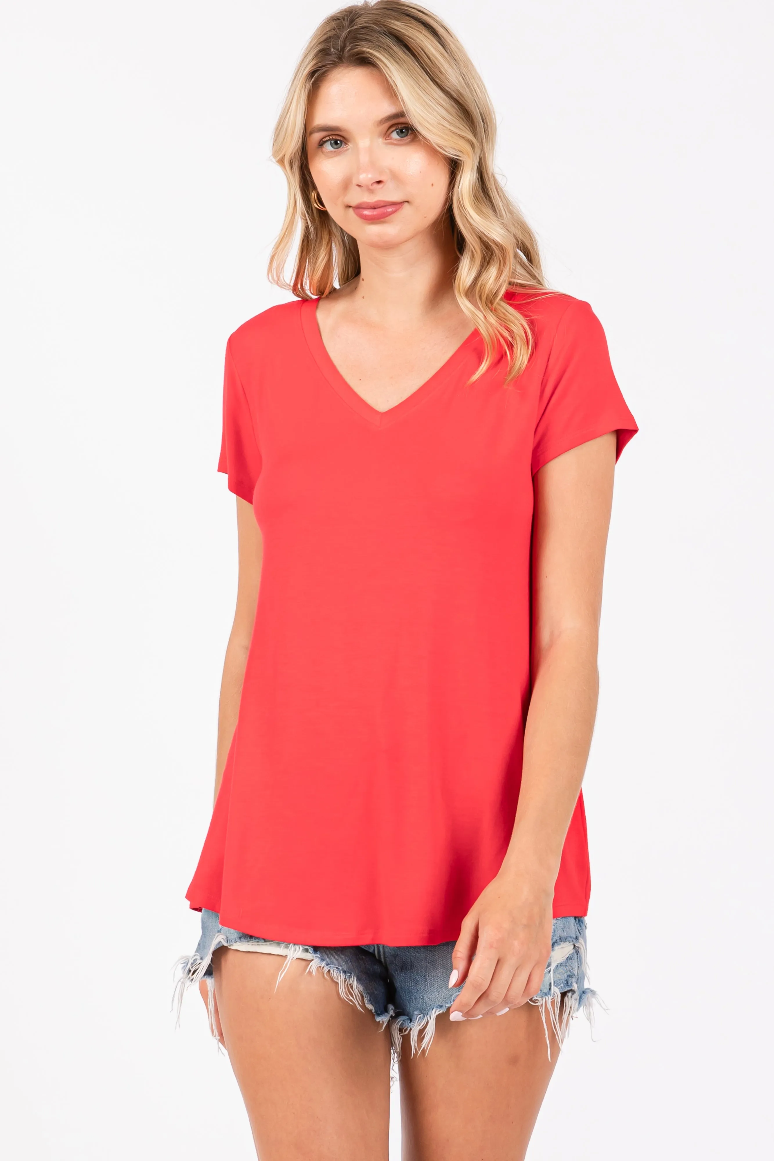 Red Basic V-Neck Short Sleeve Maternity Top sold by Pinkblush product image thumbnail 4
