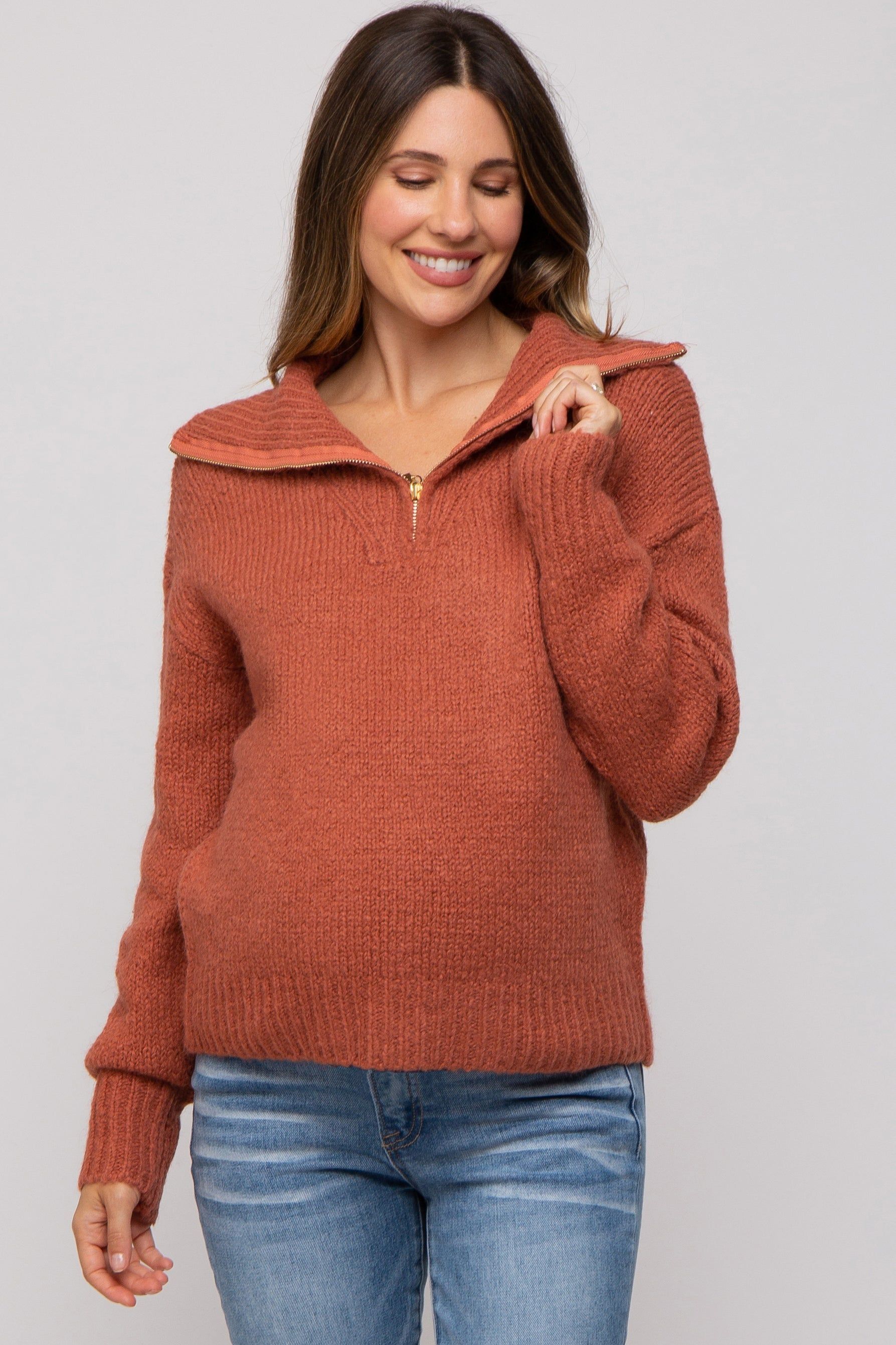 Rust Knit Zipper Maternity Pullover Sweater sold by Pinkblush