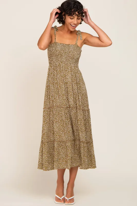 Mocha Animal Print Smocked Midi Dress sold by Pinkblush