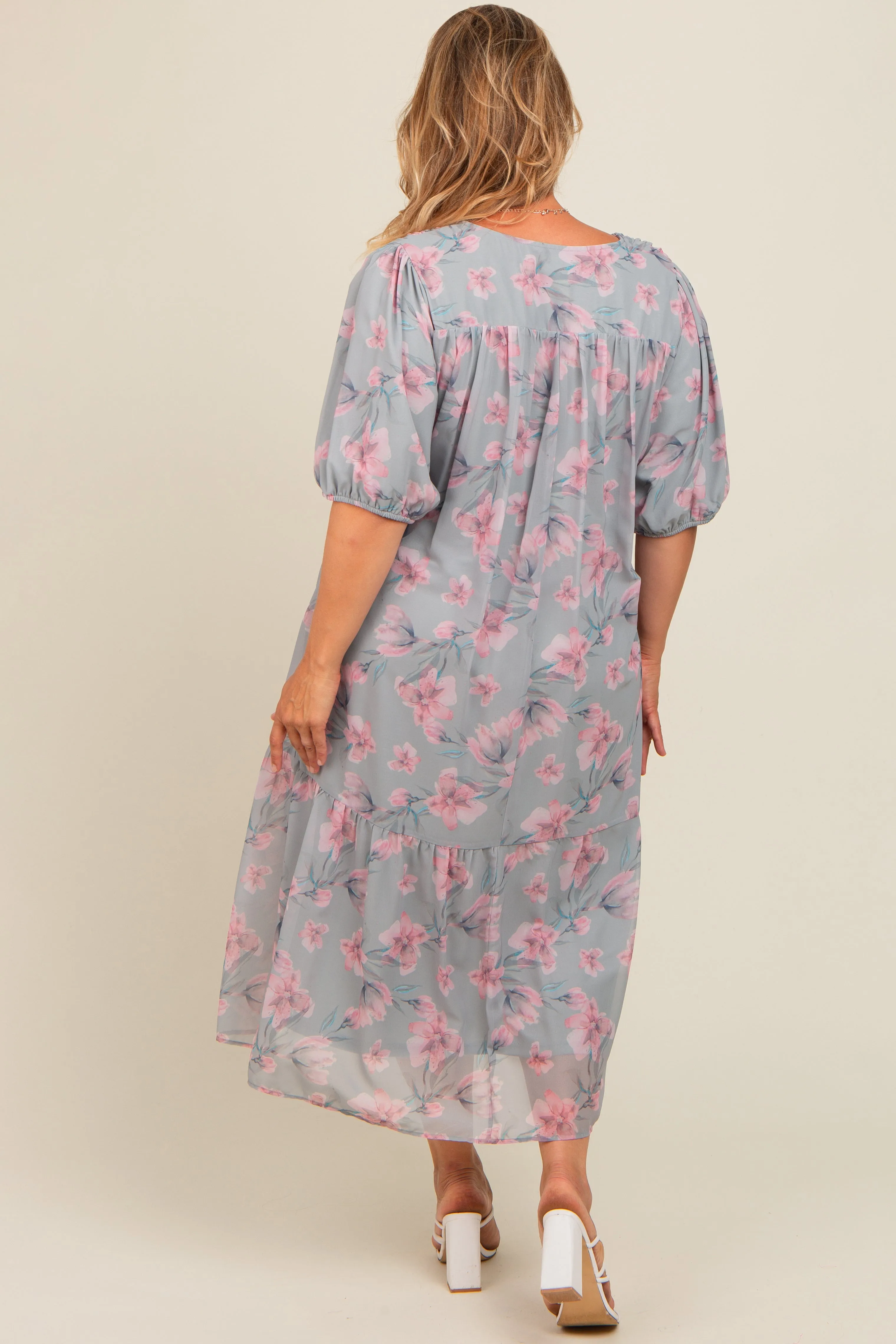 Mint Green Floral Chiffon Smocked Maternity Plus Midi Dress sold by Pinkblush product image thumbnail 3