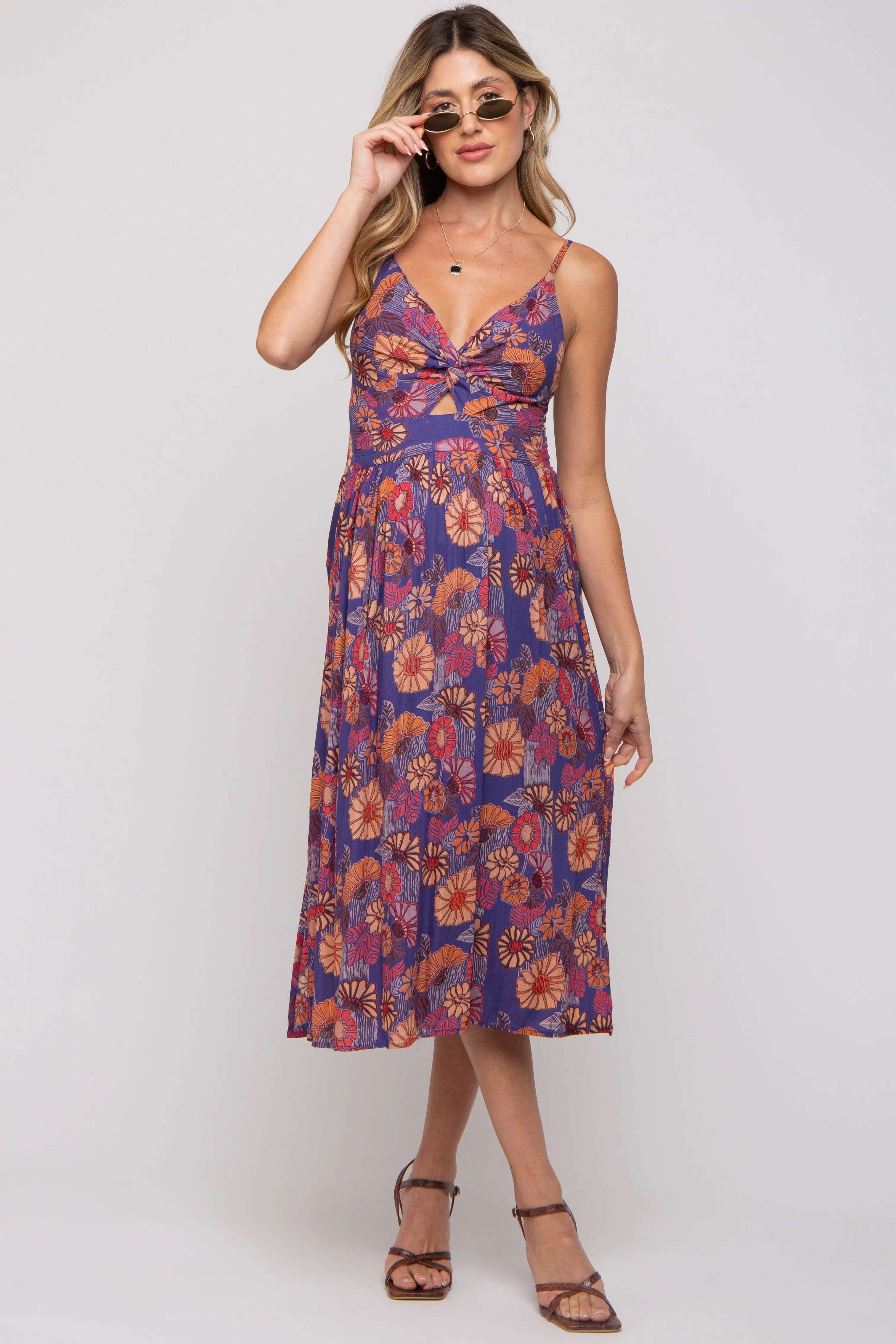 Purple Floral Sleeveless Cutout Maternity Midi Dress sold by Pinkblush product image thumbnail 4