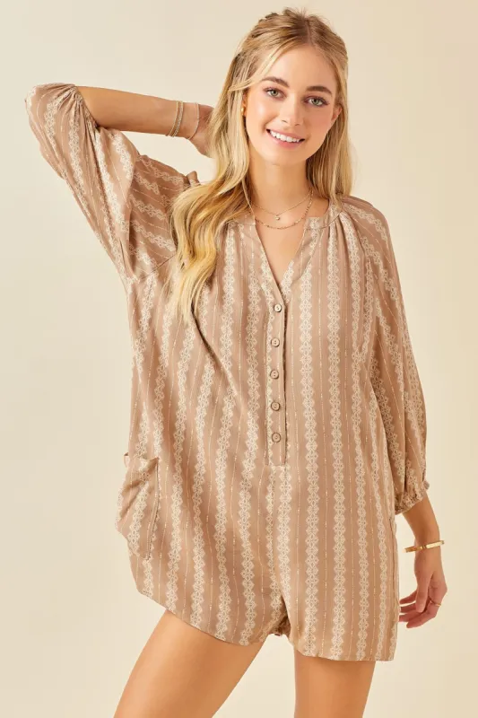 Light Mocha Printed Front Button Romper sold by Pinkblush