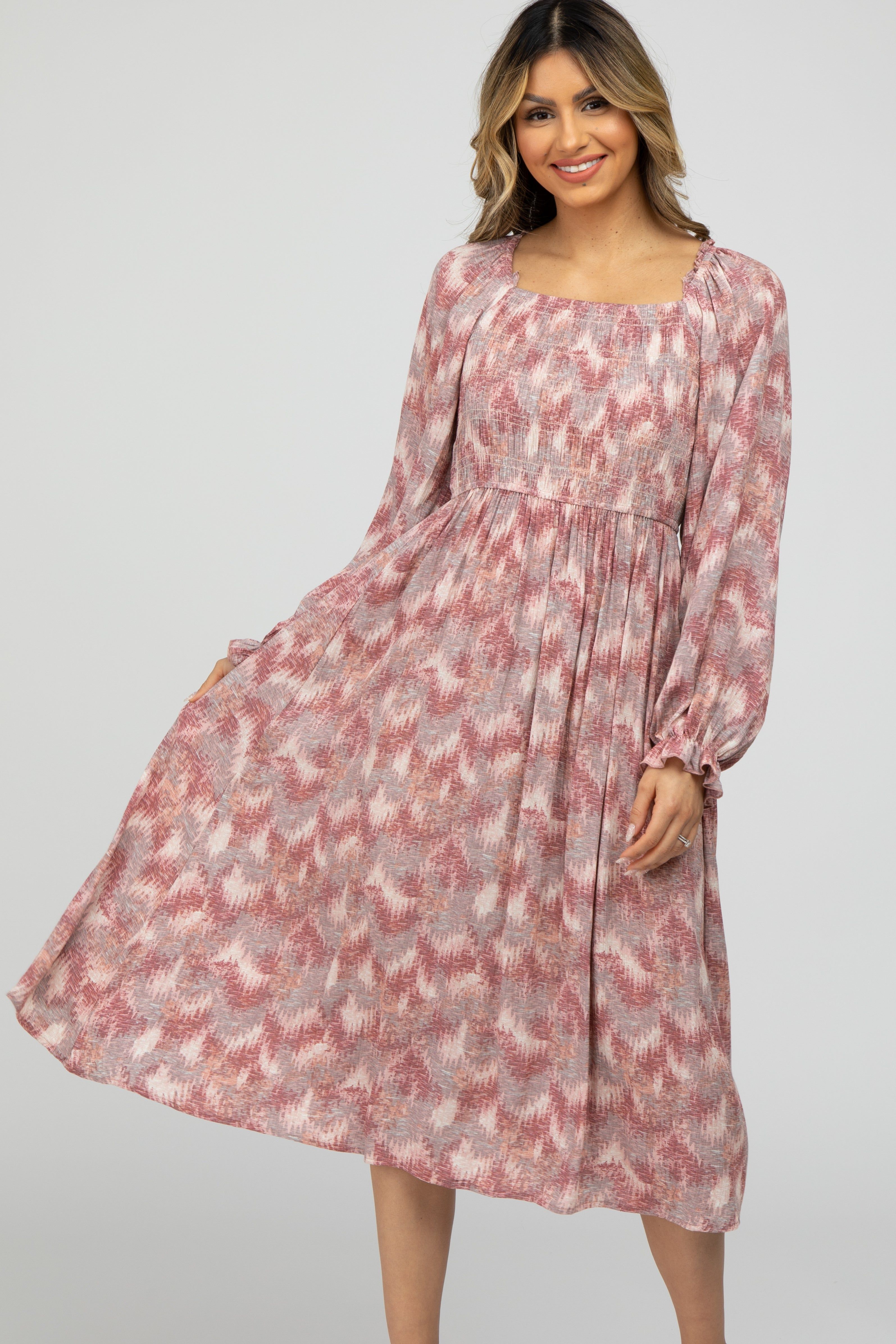 Mauve Vintage Print Square Neck Smocked Midi Dress sold by Pinkblush