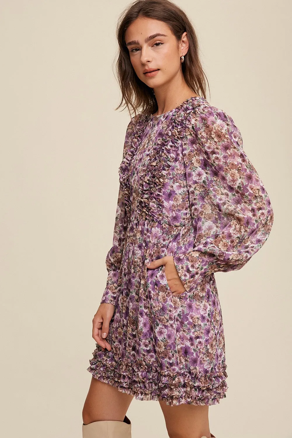 Violet Floral Print Ruffle Detailed Long Sleeve Dress sold by Pinkblush product image thumbnail 2