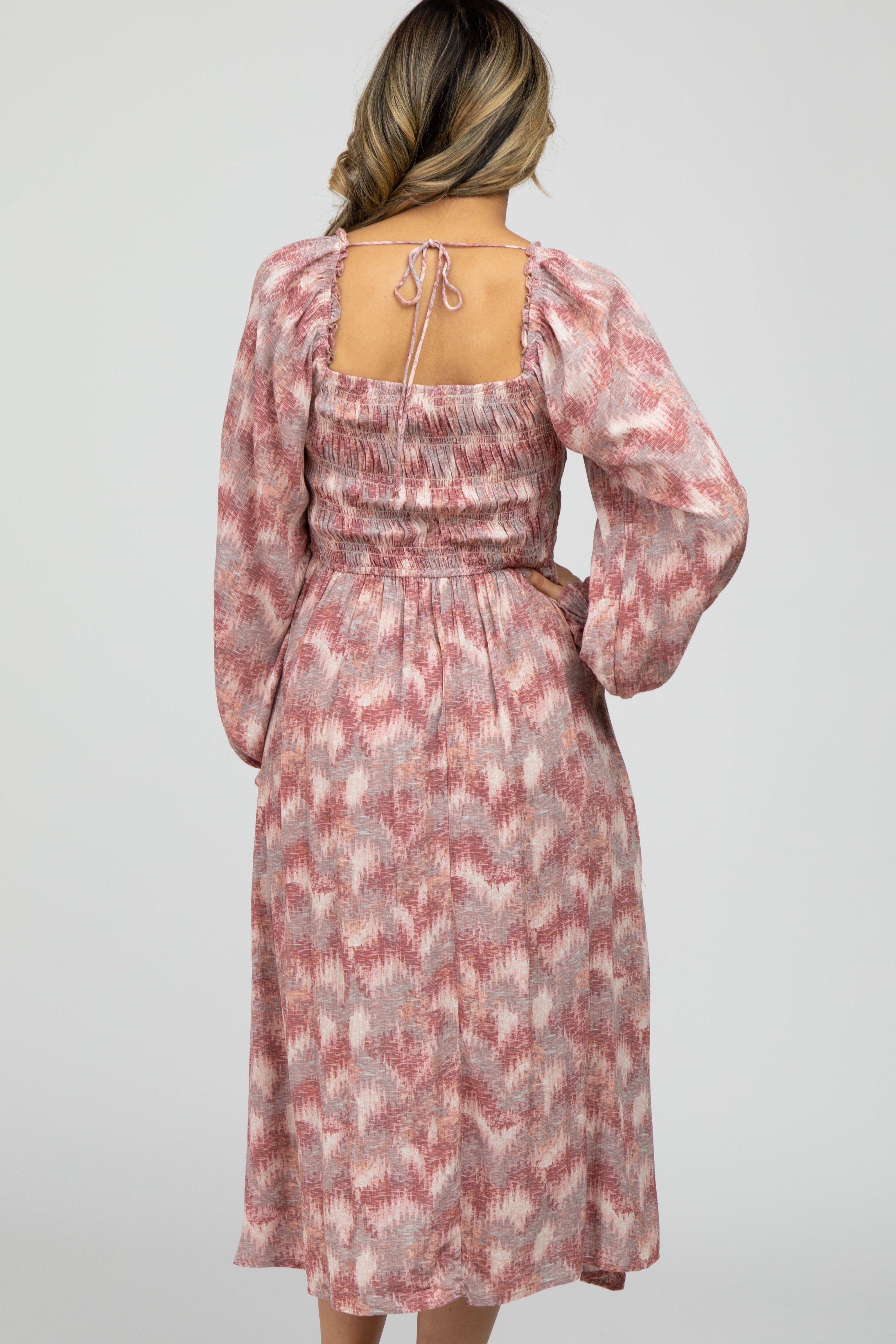 Mauve Vintage Print Square Neck Smocked Midi Dress sold by Pinkblush product image thumbnail 4