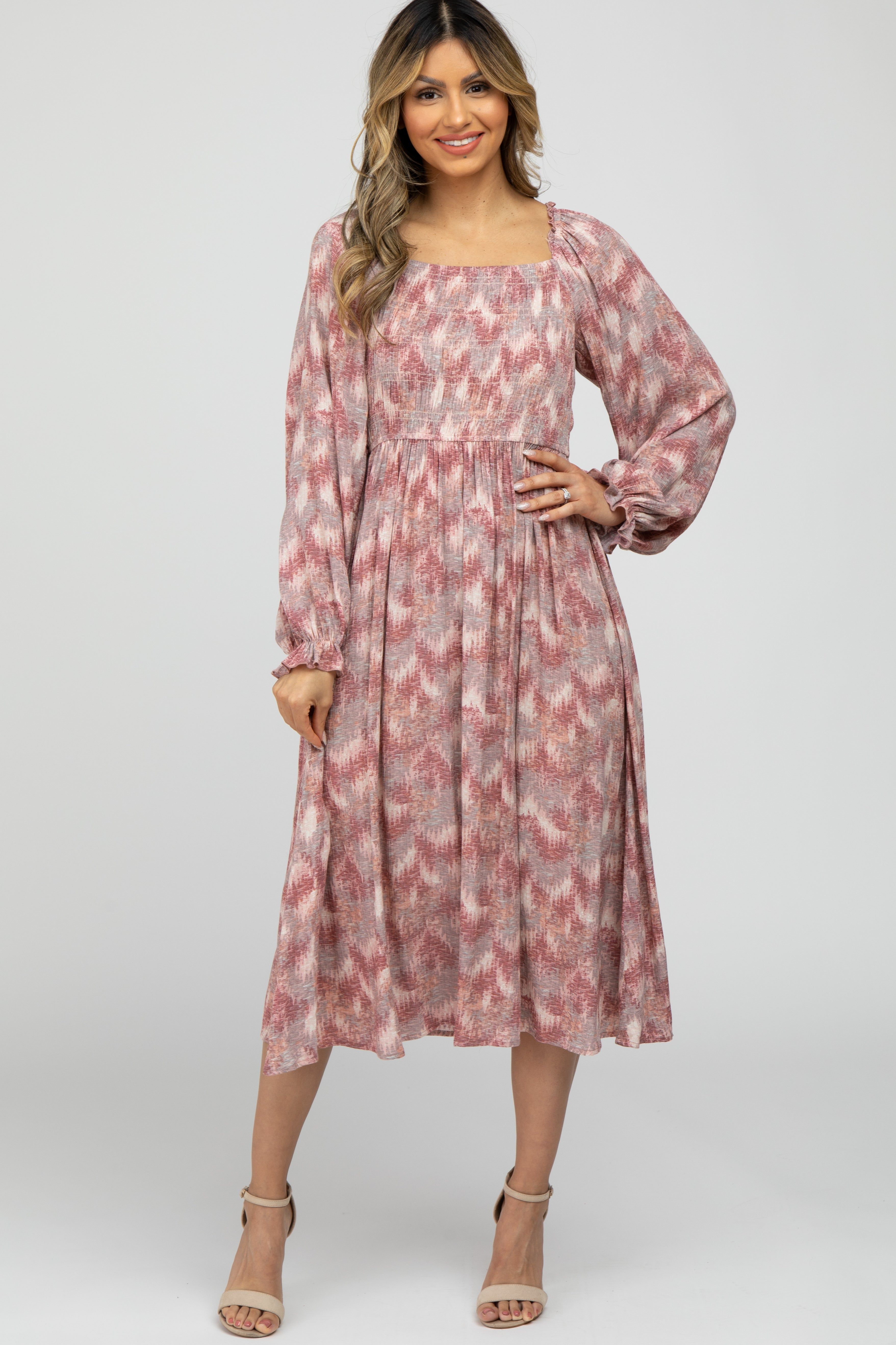 Mauve Vintage Print Square Neck Smocked Midi Dress sold by Pinkblush product image thumbnail 2