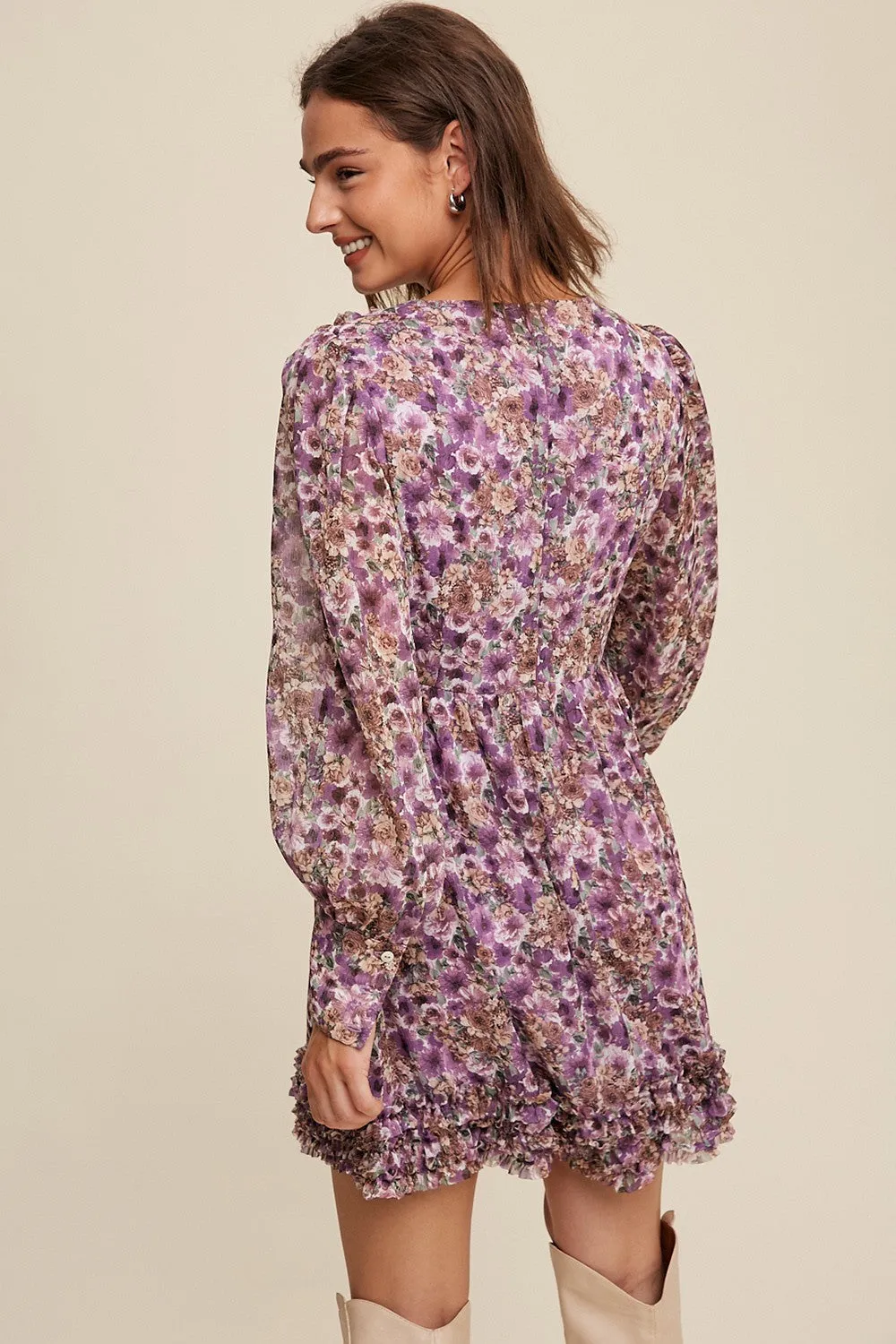 Violet Floral Print Ruffle Detailed Long Sleeve Dress sold by Pinkblush product image thumbnail 3