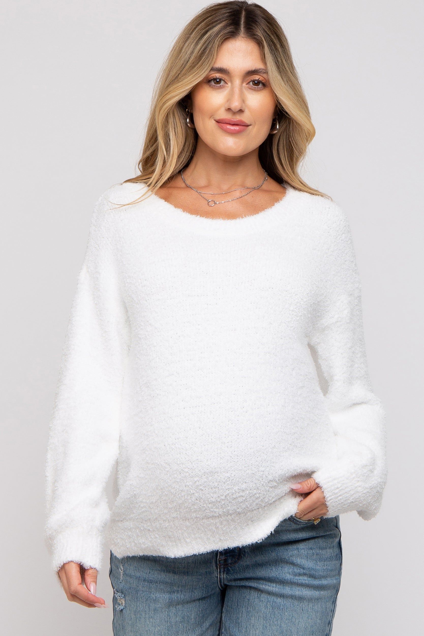 White Fuzzy Soft Knit Maternity Sweater sold by Pinkblush