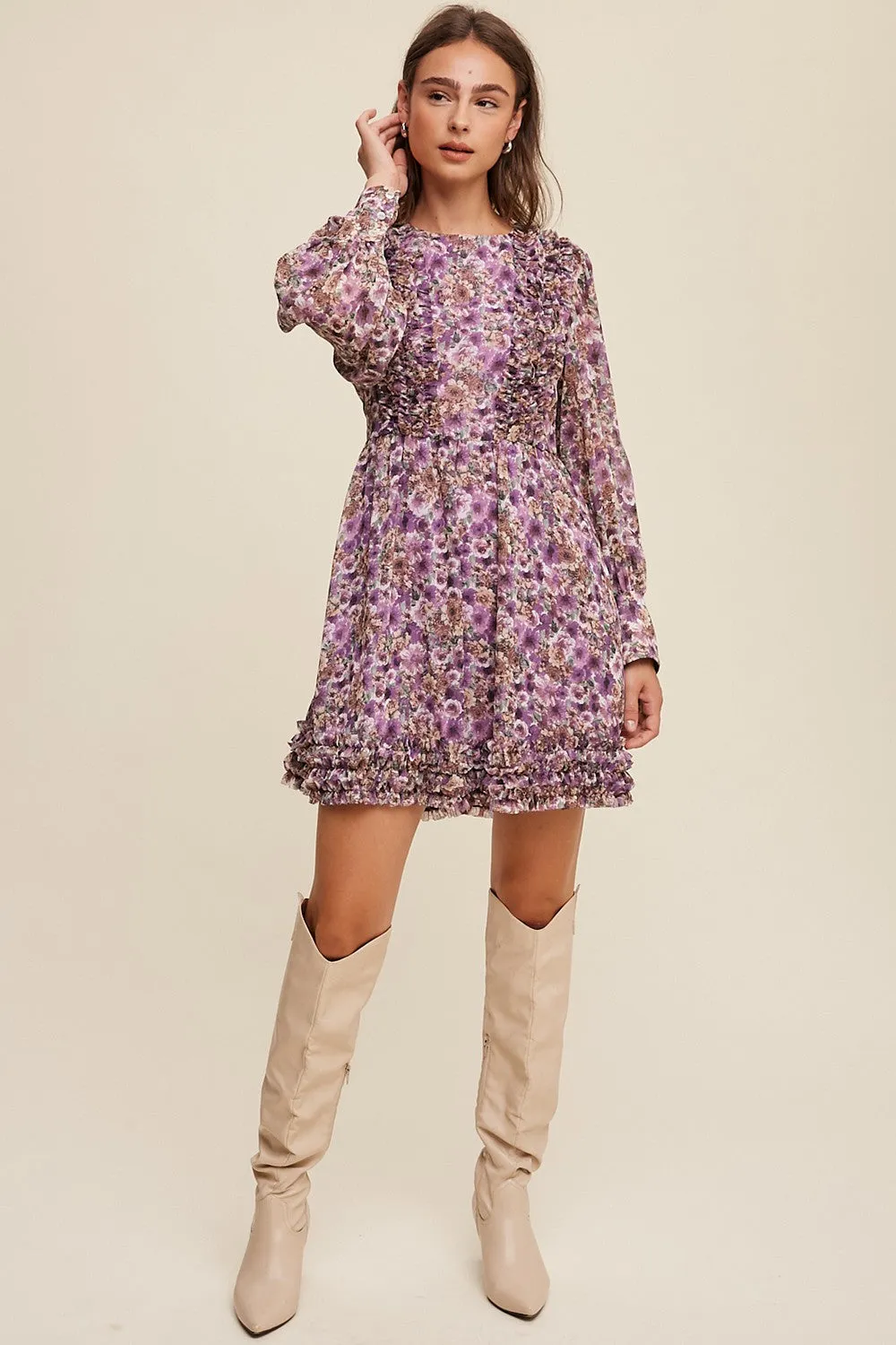 Violet Floral Print Ruffle Detailed Long Sleeve Dress sold by Pinkblush product image thumbnail 4