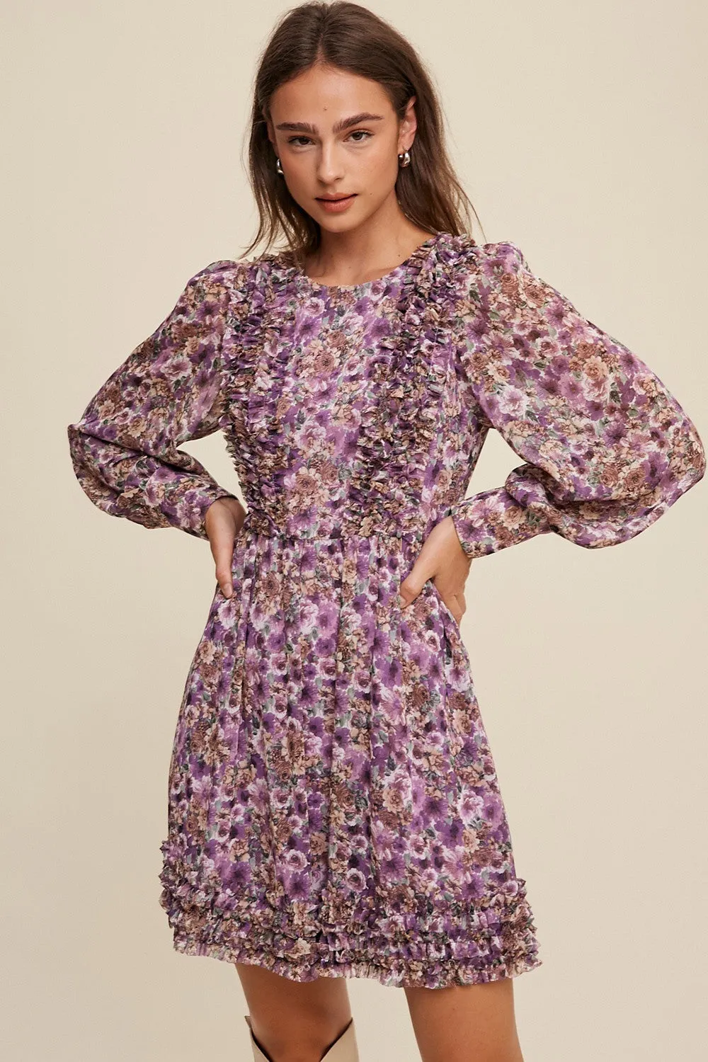 Violet Floral Print Ruffle Detailed Long Sleeve Dress sold by Pinkblush