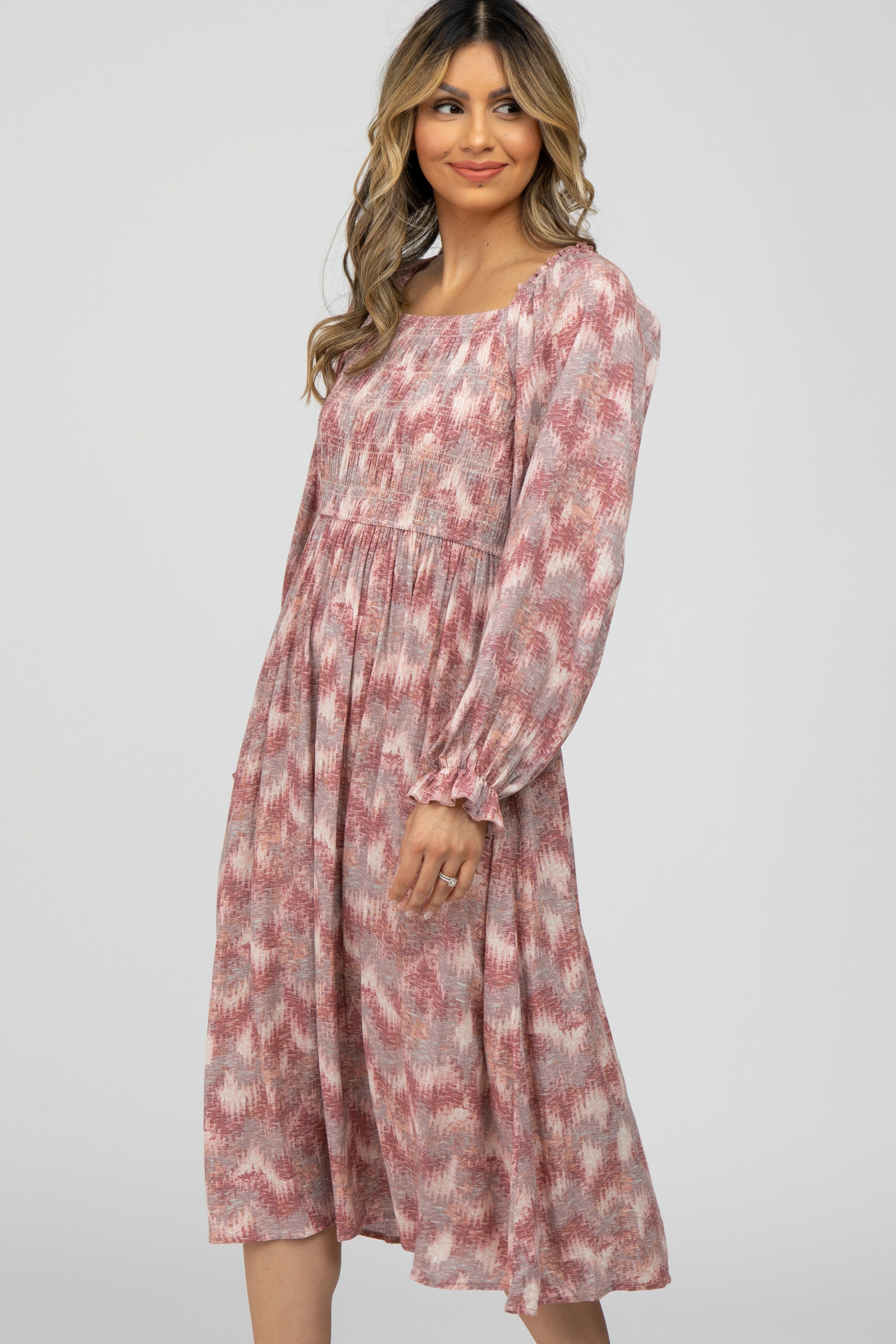 Mauve Vintage Print Square Neck Smocked Midi Dress sold by Pinkblush product image thumbnail 3