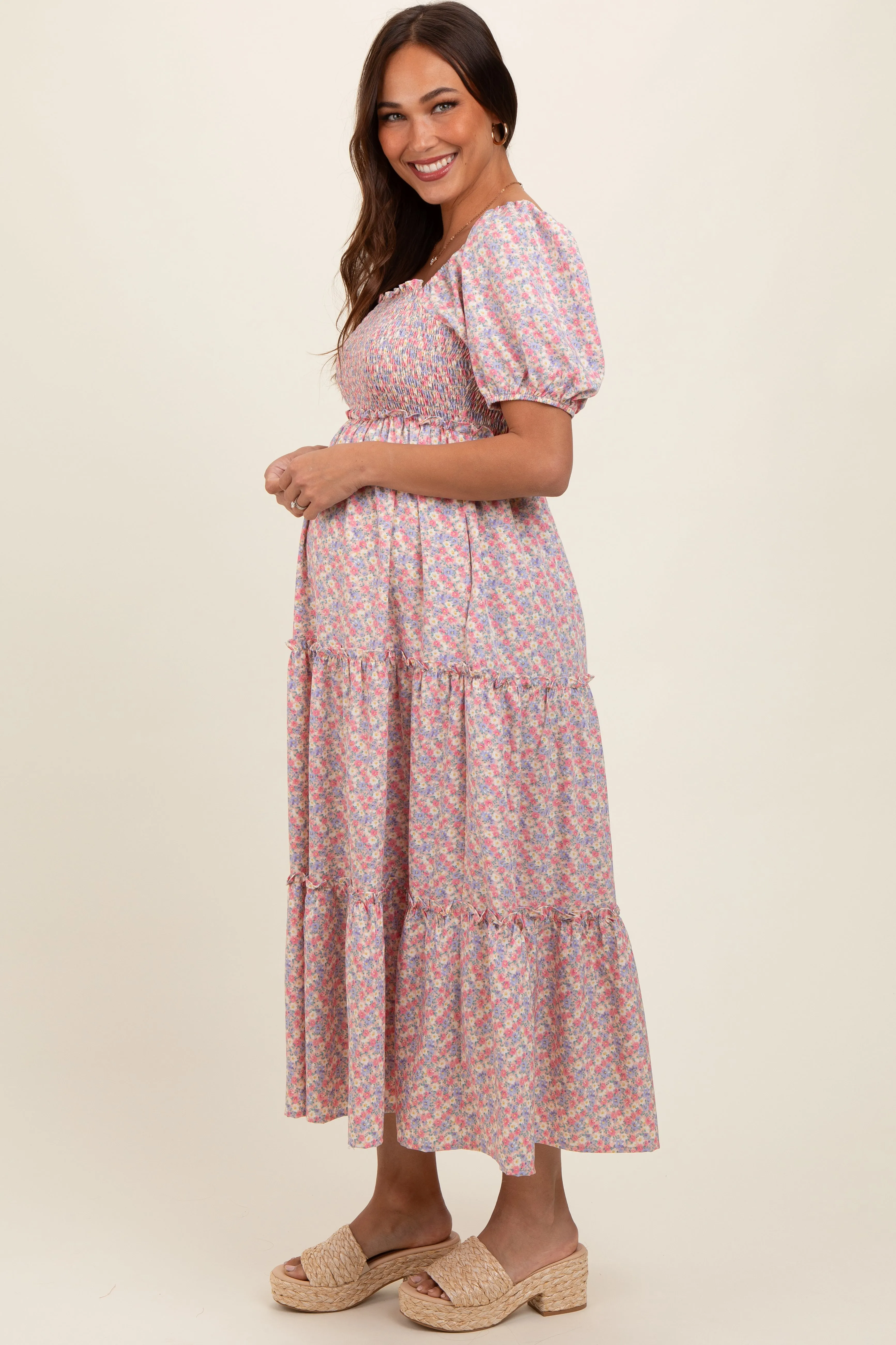 Light Pink Floral Smocked Tiered Puff Sleeve Maternity Maxi Dress sold by Pinkblush product image thumbnail 3