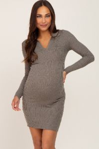 Olive Ribbed Collared Long Sleeve Maternity Dress sold by Pinkblush