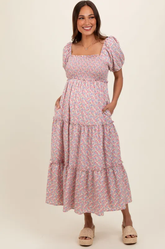 Light Pink Floral Smocked Tiered Puff Sleeve Maternity Maxi Dress sold by Pinkblush