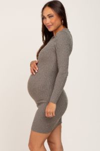 Olive Ribbed Collared Long Sleeve Maternity Dress sold by Pinkblush