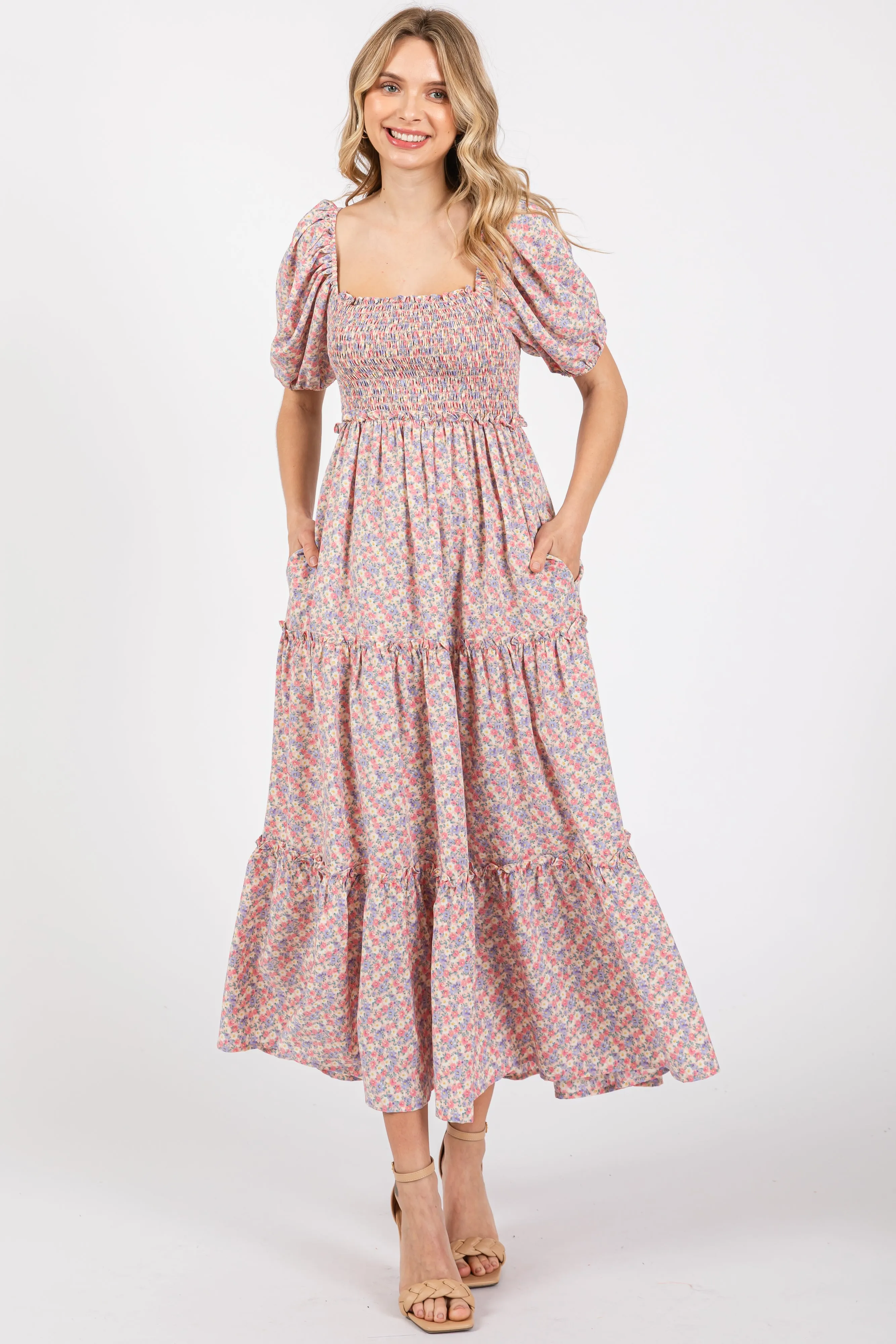 Light Pink Floral Smocked Tiered Puff Sleeve Maternity Maxi Dress sold by Pinkblush product image thumbnail 5