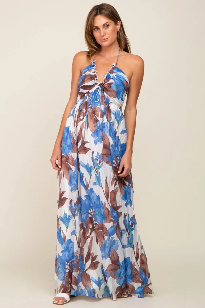 Blue Floral Front Ruffle Halter Maxi Dress sold by Pinkblush product image thumbnail 4