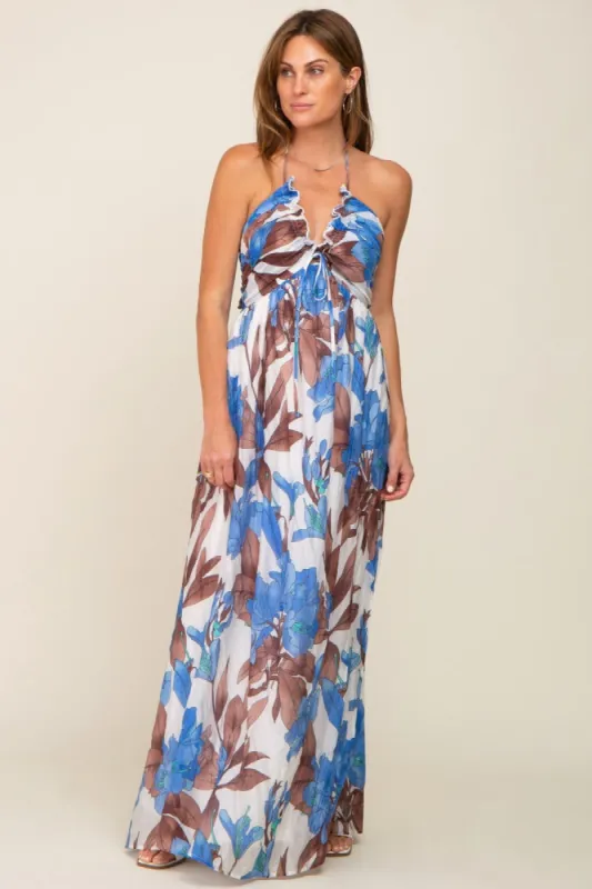 Blue Floral Front Ruffle Halter Maxi Dress sold by Pinkblush