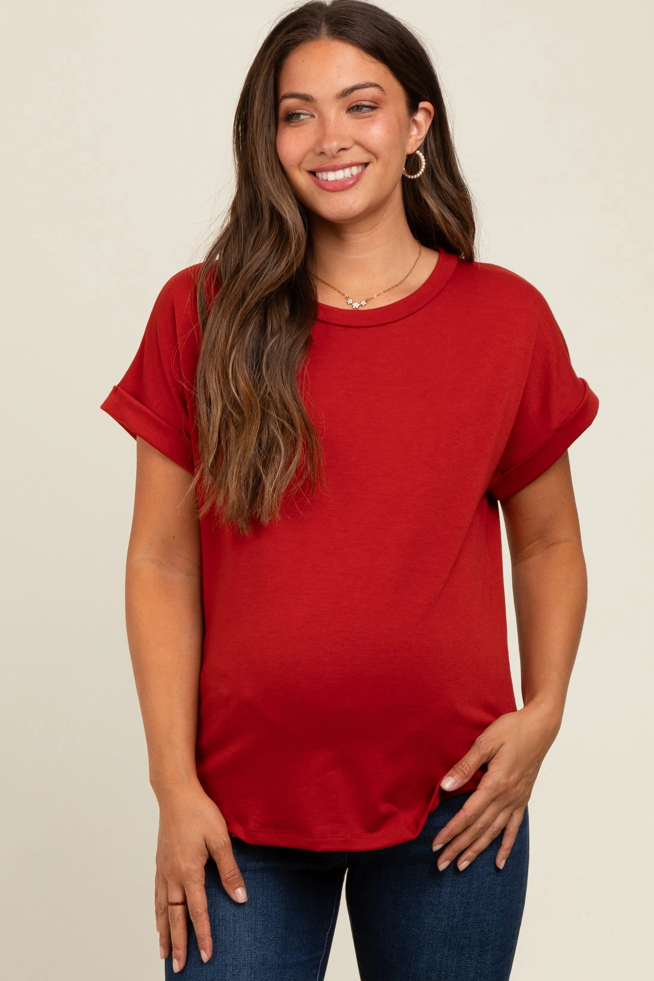 Rust Cuff Sleeve Maternity Top sold by Pinkblush