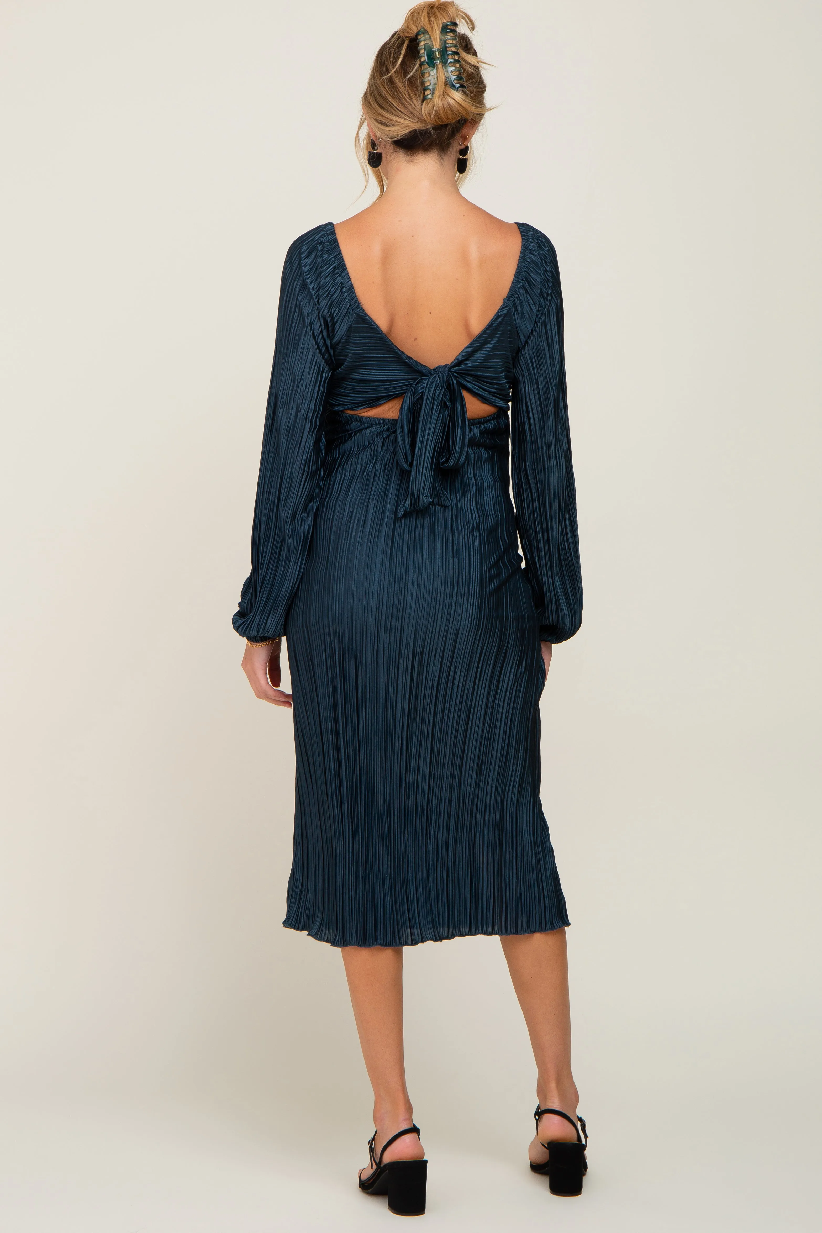 Teal Pleated Front Cutout Back Tie Maternity Midi Dress sold by Pinkblush product image thumbnail 3