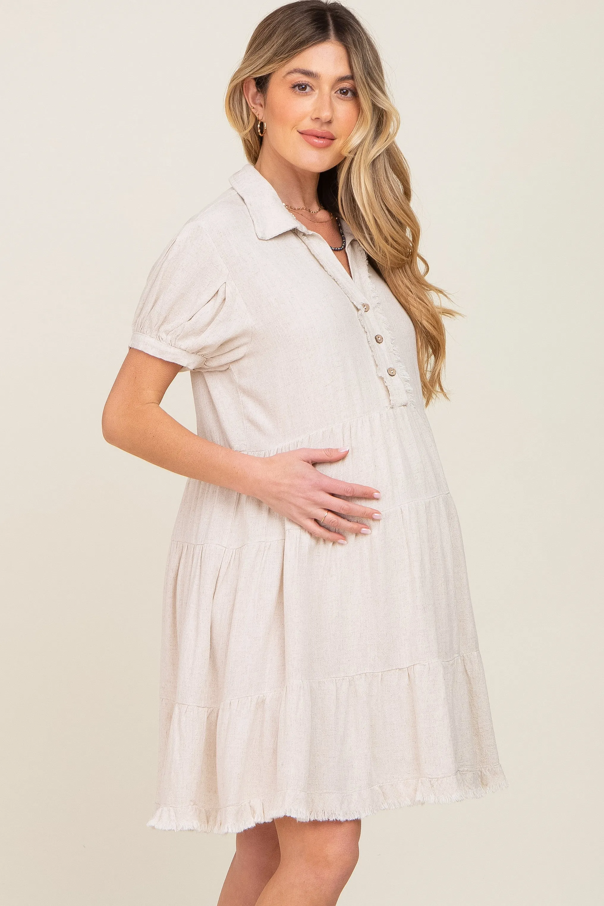 Cream Tiered Collared Linen Maternity Dress sold by Pinkblush product image thumbnail 2
