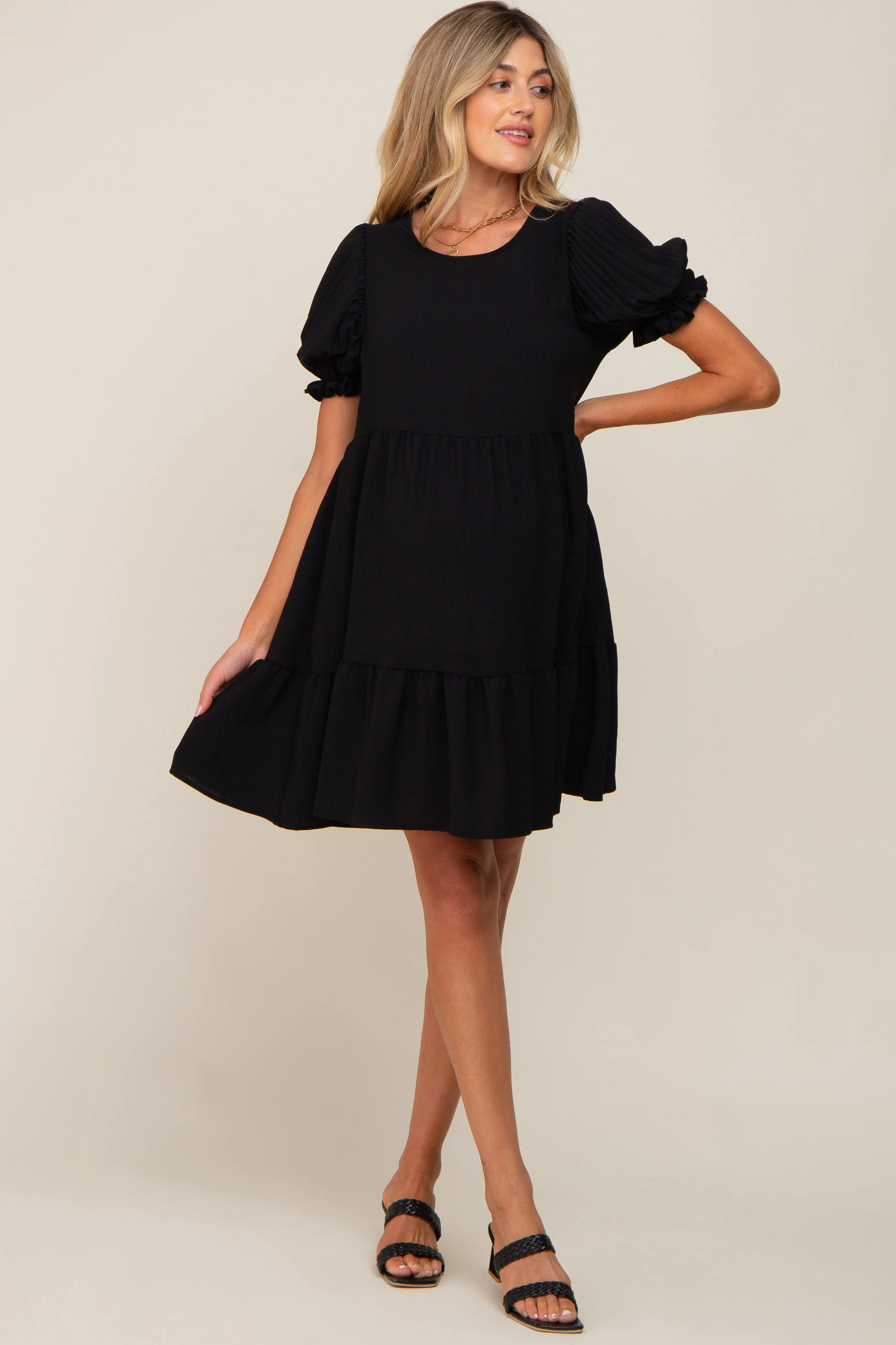 Black Tiered Puff Sleeve Maternity Dress sold by Pinkblush product image thumbnail 4