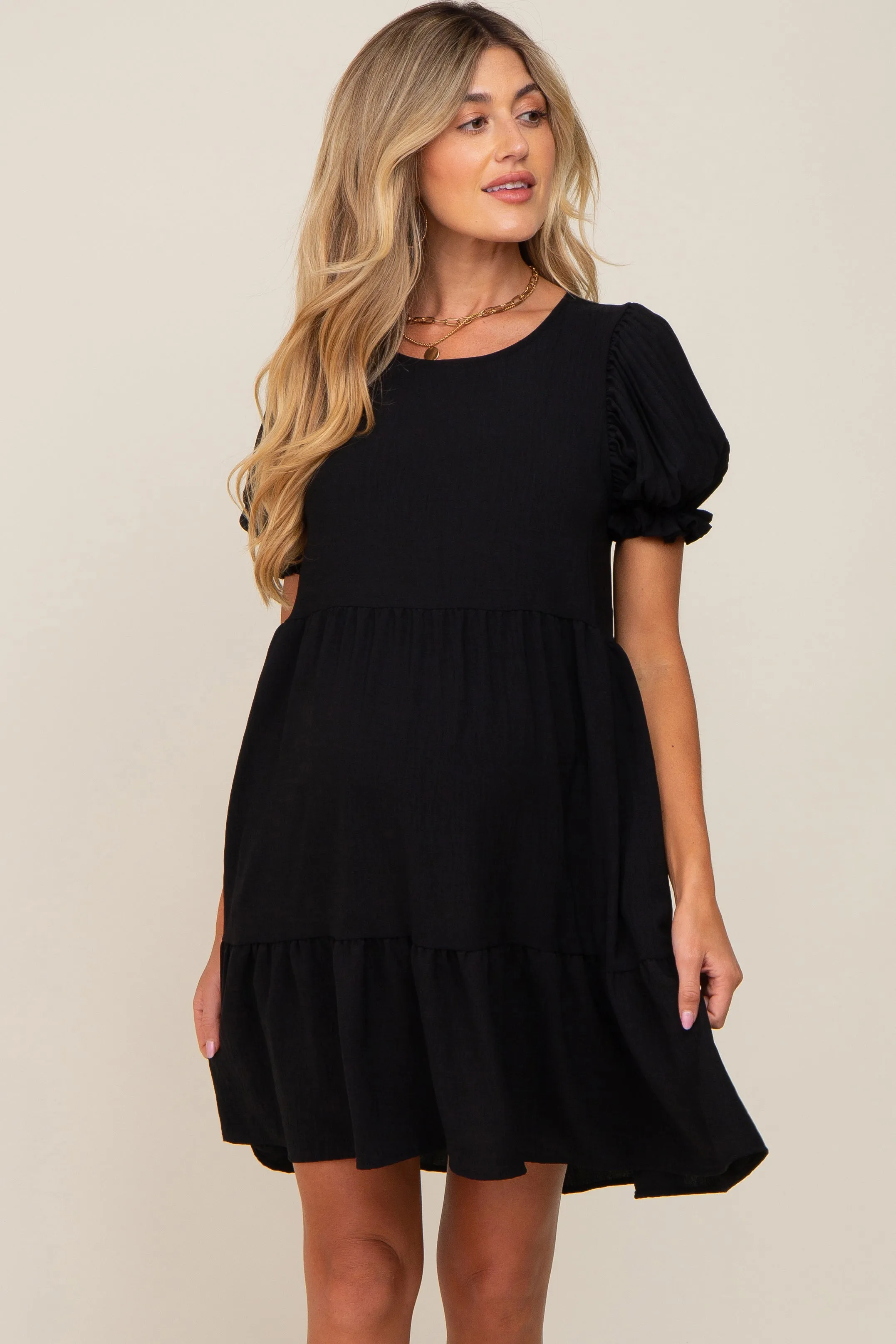 Black Tiered Puff Sleeve Maternity Dress sold by Pinkblush