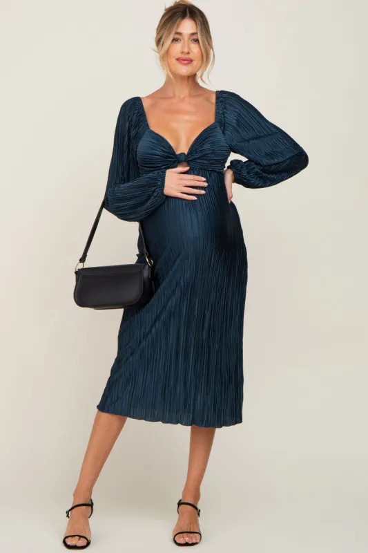 Teal Pleated Front Cutout Back Tie Maternity Midi Dress sold by Pinkblush