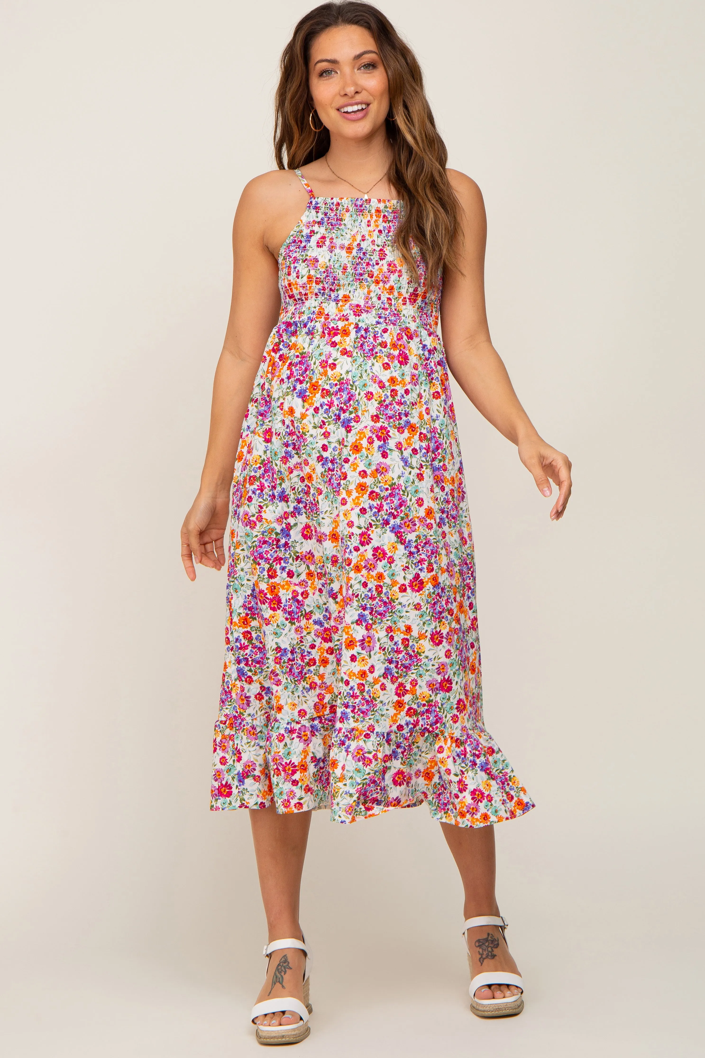 Fuchsia Floral Smocked Maternity Midi Dress sold by Pinkblush