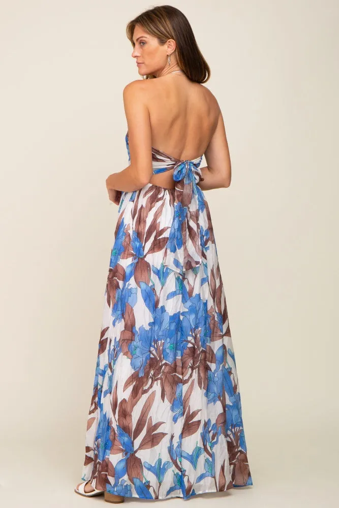 Blue Floral Front Ruffle Halter Maxi Dress sold by Pinkblush product image thumbnail 3