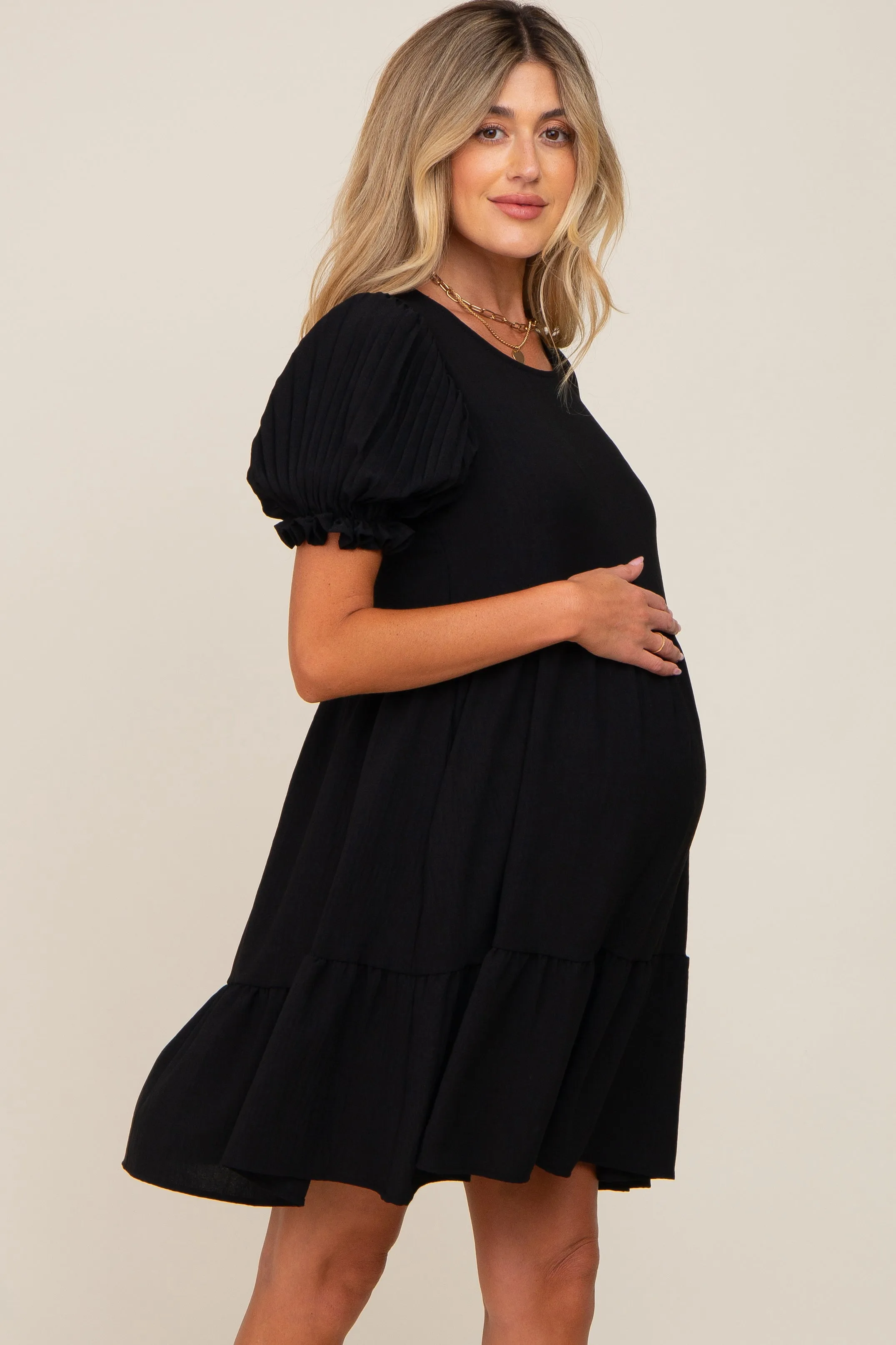 Black Tiered Puff Sleeve Maternity Dress sold by Pinkblush product image thumbnail 2