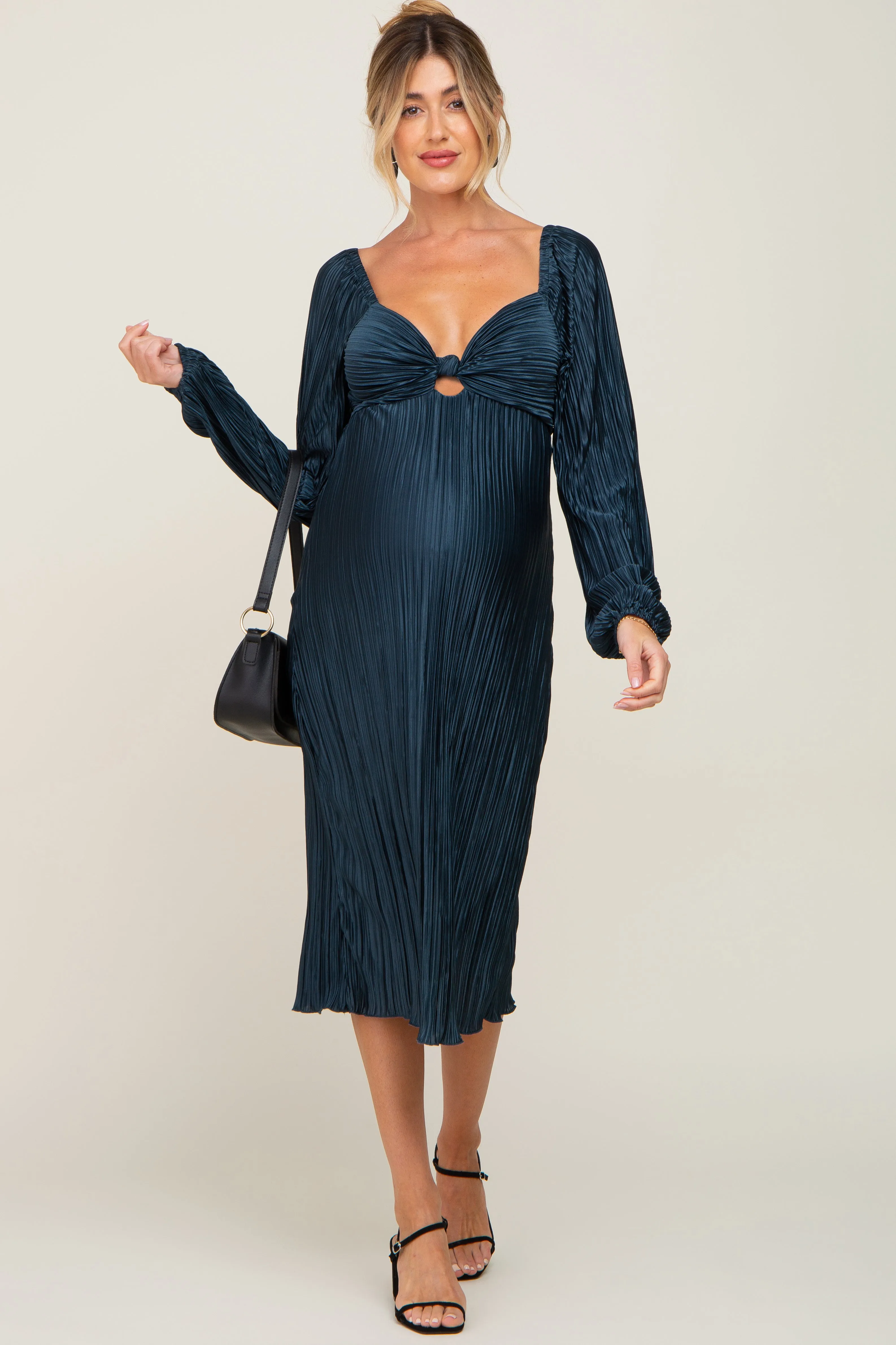 Teal Pleated Front Cutout Back Tie Maternity Midi Dress sold by Pinkblush product image thumbnail 5