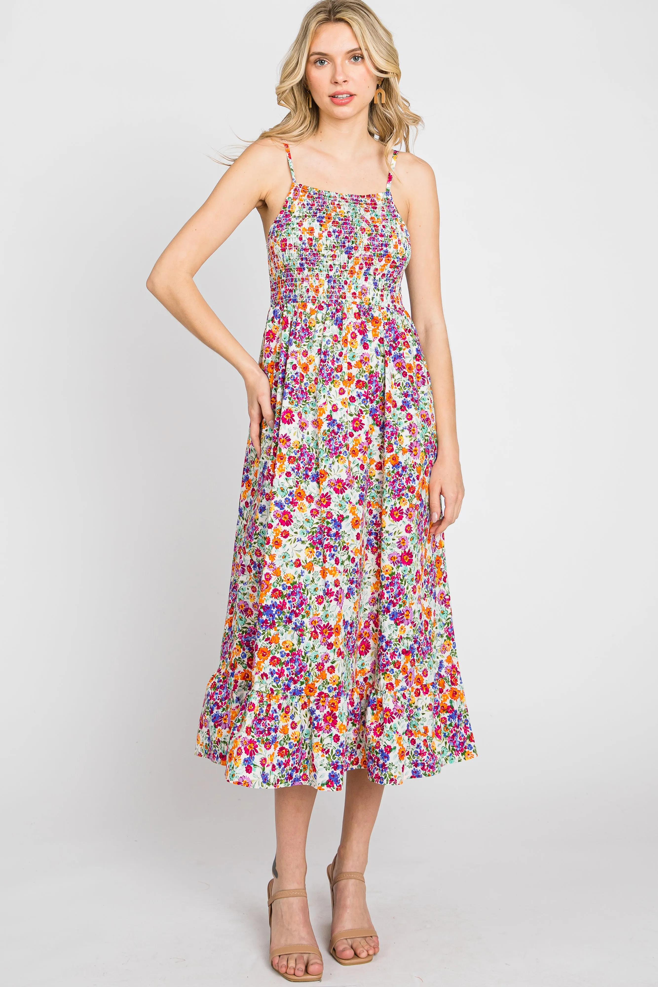 Fuchsia Floral Smocked Maternity Midi Dress sold by Pinkblush product image thumbnail 5