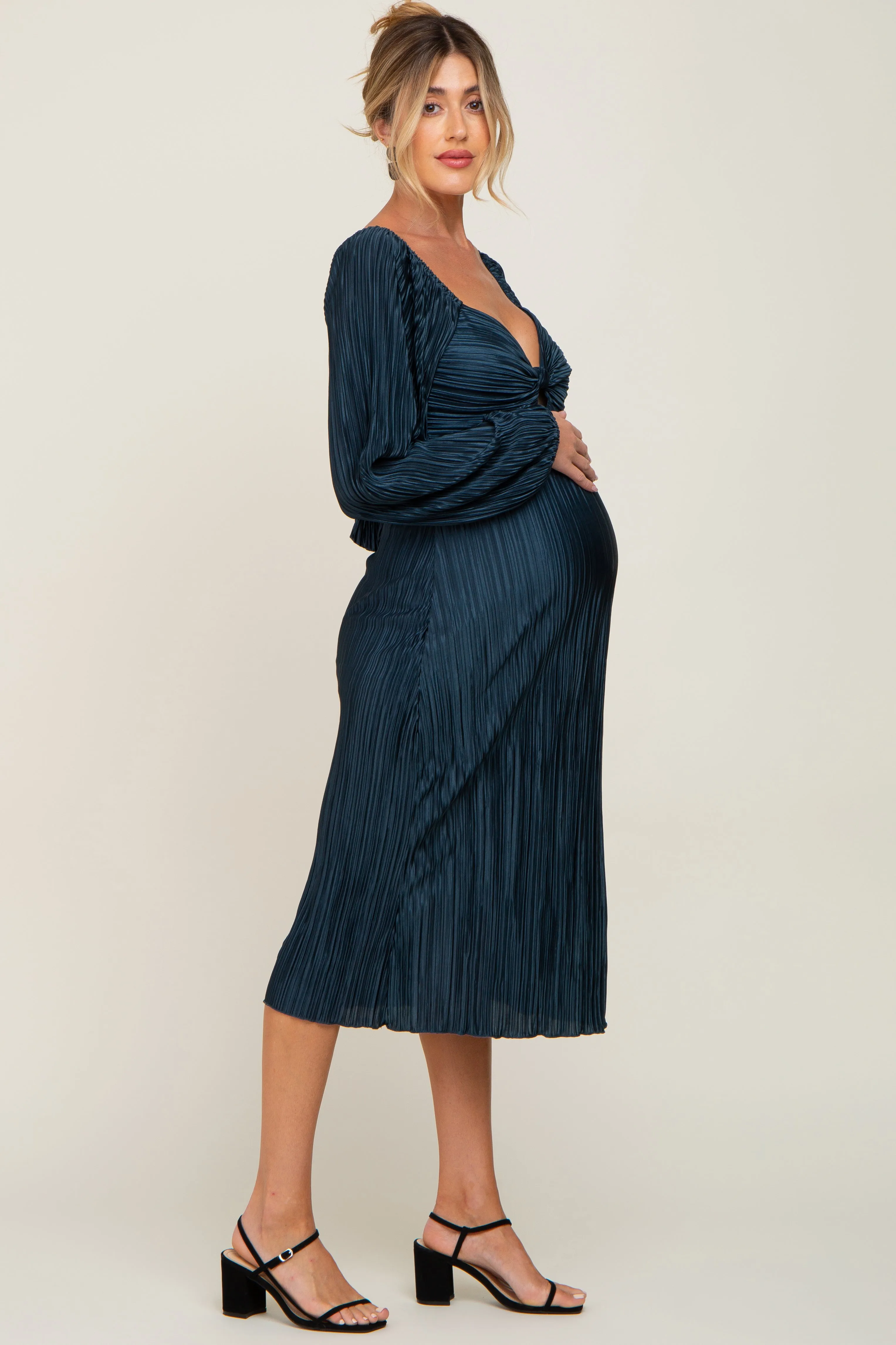 Teal Pleated Front Cutout Back Tie Maternity Midi Dress sold by Pinkblush product image thumbnail 2
