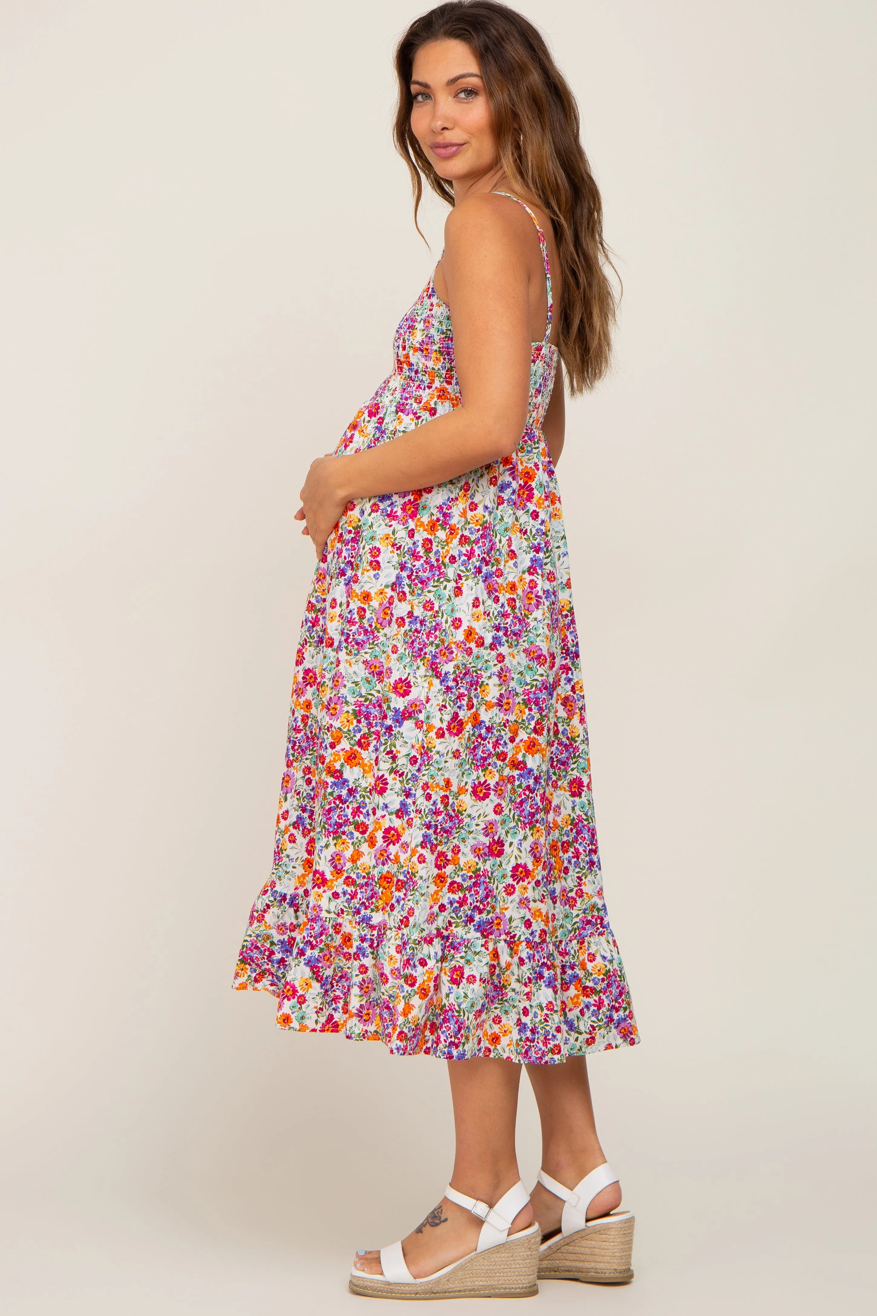 Fuchsia Floral Smocked Maternity Midi Dress sold by Pinkblush product image thumbnail 2