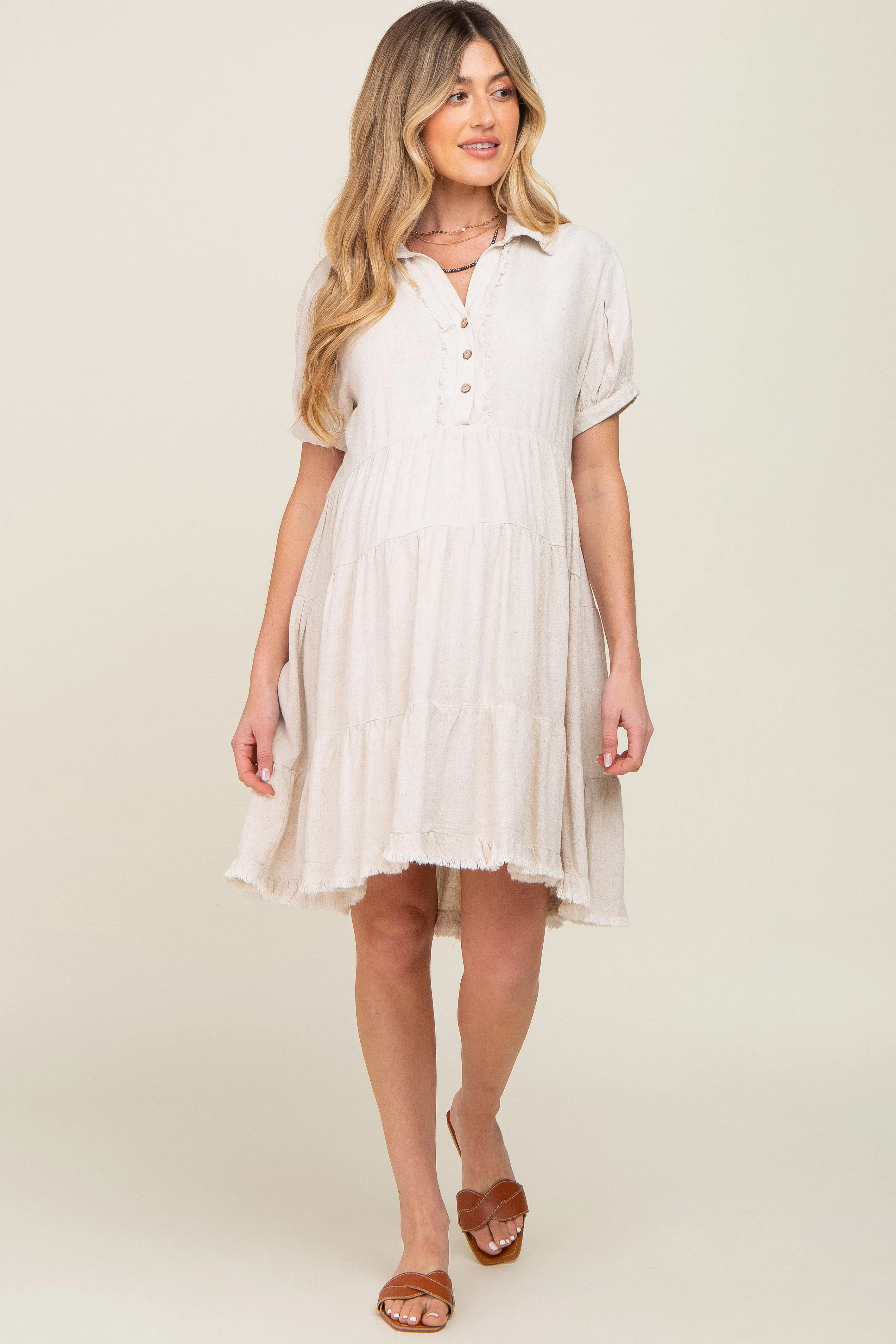 Cream Tiered Collared Linen Maternity Dress sold by Pinkblush product image thumbnail 4