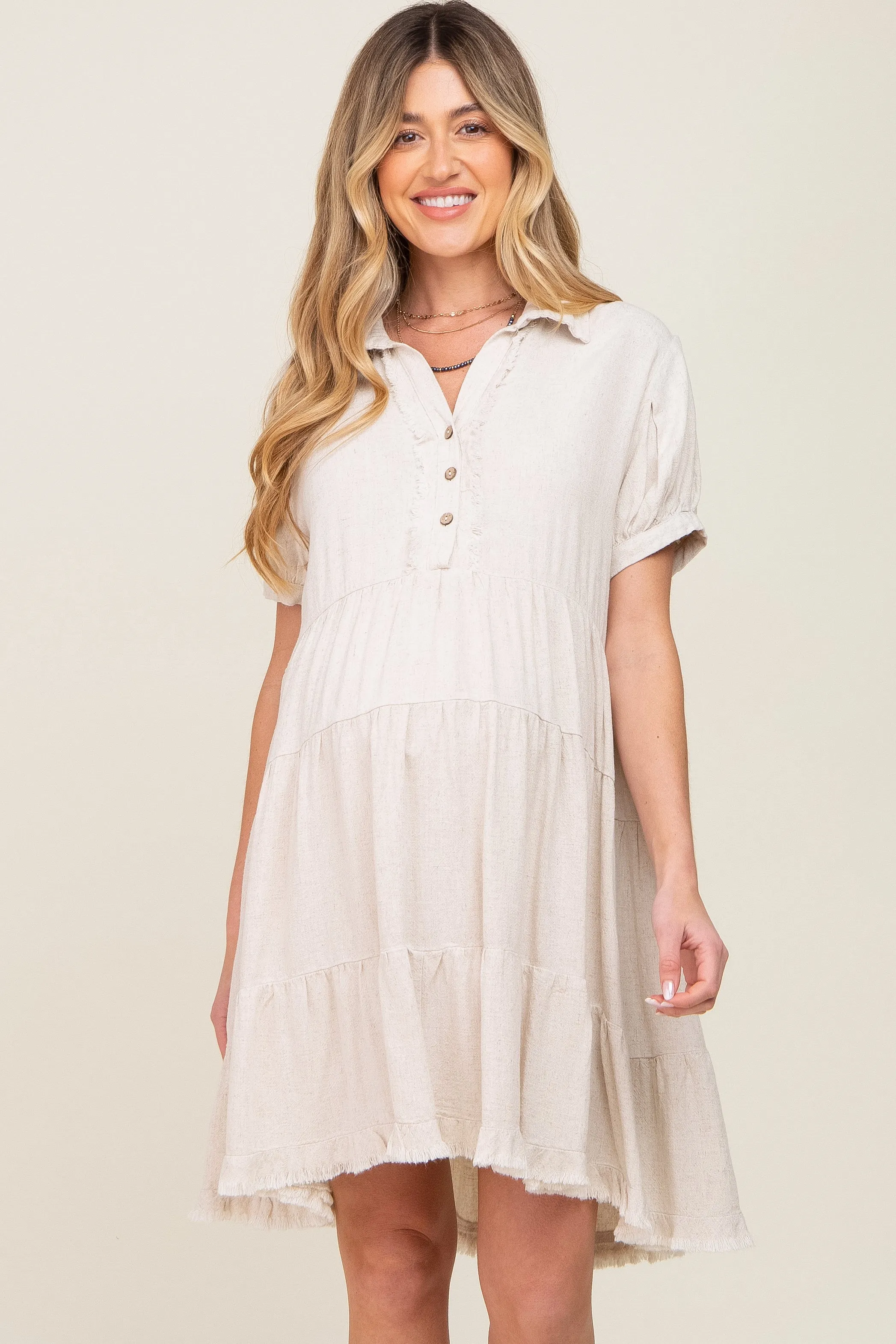 Cream Tiered Collared Linen Maternity Dress sold by Pinkblush