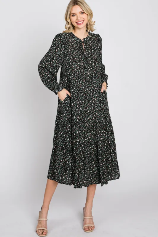 Black Floral Tiered Long Sleeve Midi Dress sold by Pinkblush