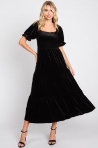 Black Velvet Tiered Midi Dress sold by Pinkblush
